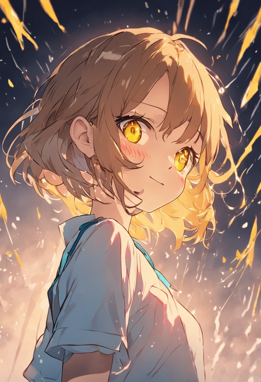 yellow eyes、Girl with light brown hair with braids above her ears and short cuts outside splashes、Blue ribbon、Wearing a white shirt、thin ribbon at the neck、Smiling anime girl、atlibrary、Buruaka style