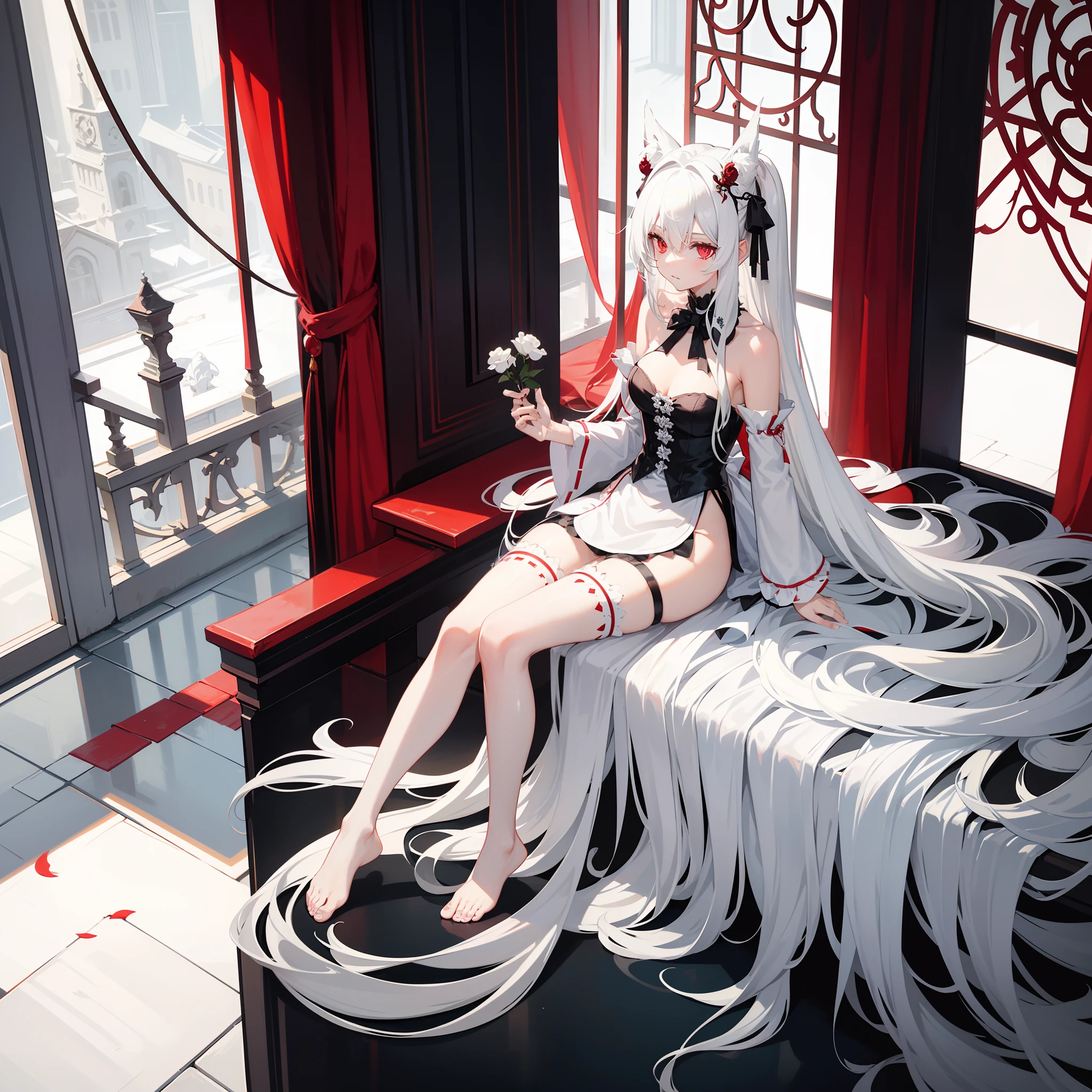 Long silver-white hair and waist，red color eyes，Nine-tailed demon fox，The hair is stuck with a hair accessory，Wearing a black and white maid outfit，Wearing black stockings，Sit barefoot on the edge of the roof