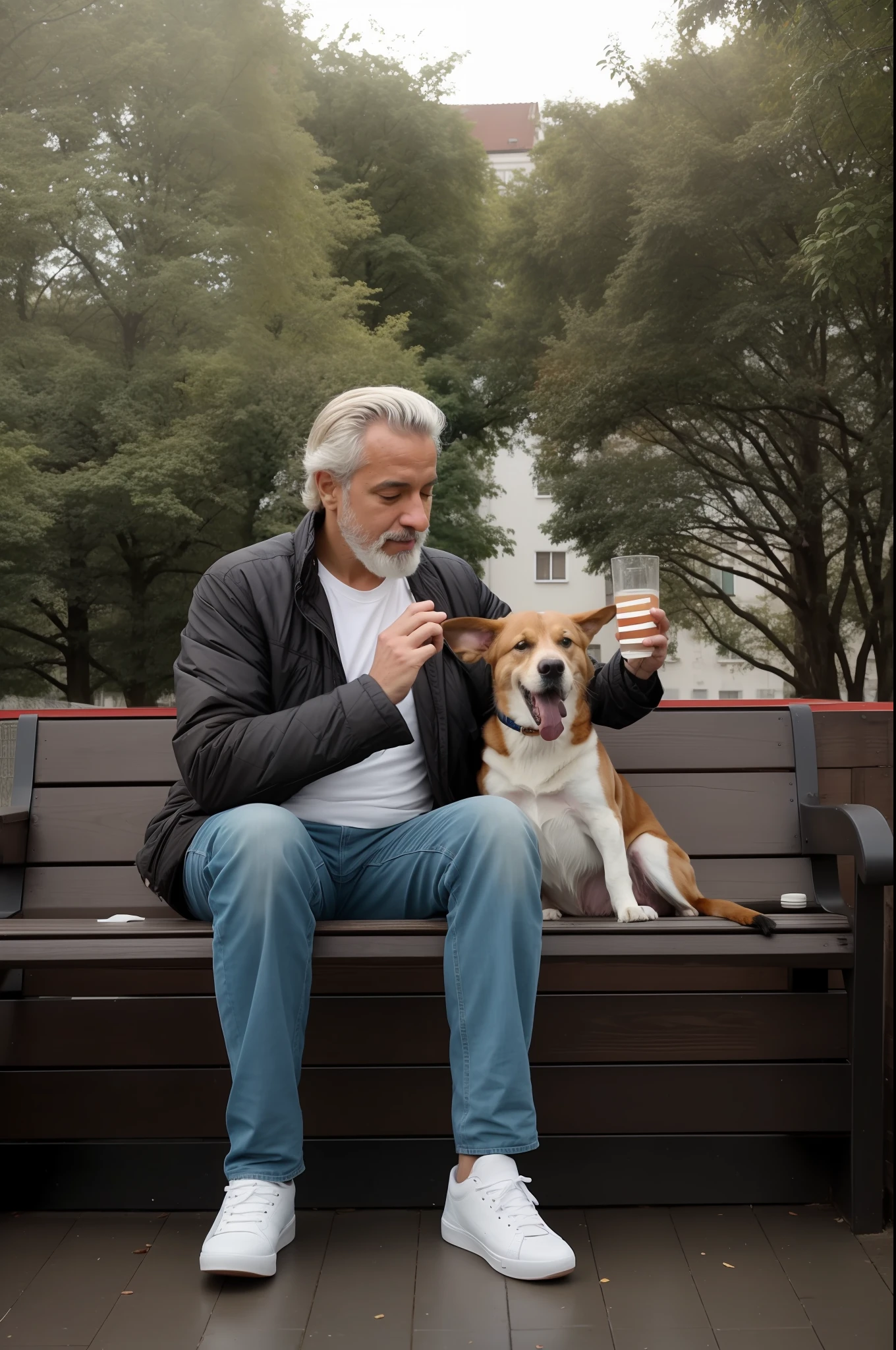 There's a man sitting on a bench with a dog, homem mais velho, Fazer um lanche, Directed by: Jakob Gauermann, Shutterstock, Directed by: Aleksander Gierymski, Directed by: Daniel Gelon, foto ainda, arte mista, Imagem absolutamente excepcional, Detalhe excepcional, Pets, interesting angle, Directed by: Niko Henrichon, Directed by: Matija Jama