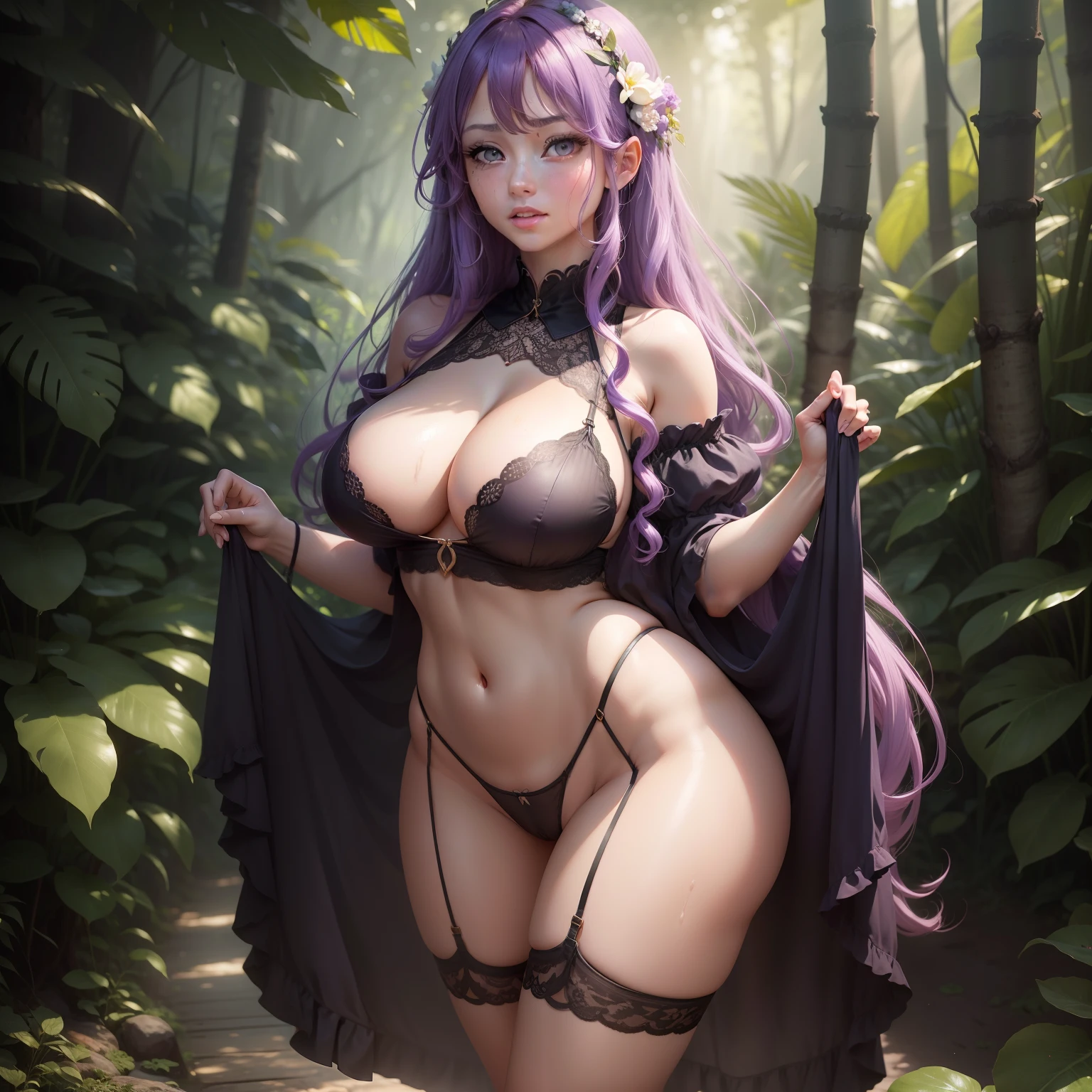 1female，25 age old，Large breasts，long leges，Big breasts Thin waist，Pornographic exposure， 独奏，（Background with：ln the forest，the rainforest，in summer） She has long purple hair，standing on your feet，Sweat profusely，drenched all over the body，seen from the front， curlies，（（（tmasterpiece），（Very detailed CG unity 8K wallpaper），best qualtiy，cinmatic lighting，detailed back ground，beatiful detailed eyes，Bright pupils，（Very fine and beautiful），（Beautiful and detailed eye description），ultra - detailed，tmasterpiece，）），facing at camera，A high resolution，ultra - detailed），revealing breasts，Bare genitalia， Bulge，Camel toes，Raised sexy，Flushed complexion，Open-mouthed，frontage（Wearing：lingerie nakeness，high-heels