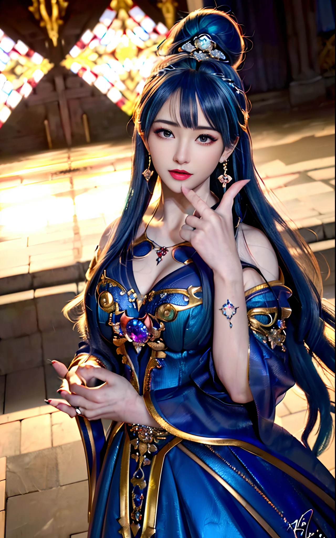 ((realisticity: 1.2)), ((realistic: 8K UHD)), ((best resolution: 8K UHD)), hyper detailed, best quality,masterpiece,highres,cg, ((1 girl hyper detailed and hyper realistic) ) , ((beautiful queen, hyper realistic and hyper detailed)),((white skin, beautiful, smooth, youthful, hyper realistic and hyper detailed )), ((Face hyper beautiful, white, hyper realistic and hyper detailed ) ), long hair, ((hyper realistic and hyper detailed dress)), solo, ((hyper realistic, hyper beautiful, beautiful and hyper detailed jewelry)), ((hyper beautiful deep red and golden yellow dress, hyper realistic and hyper detailed )) , ((Her pretty, hyper realistic, hyper detailed diamond filled earrings)), ((Her gorgeous diamond haircut, hyper realistic and hyper detailed)), ((hyper pretty upper body, hyper beautiful, hyper realistic and hyper detailed) ), ((medium breast: 1.1)), ((hyper realistic, hyper pretty, hyper detailed boobs)), ((the backgroun of the royal palace is hyper majestic, hyper realistic and hyper detailed)),((hands and palms hyper beautiful, hyper detailed, hyper realistic)), ((hyper detailed and hyper realistic fingers and fingernails)), ((hyper pretty fingernails, hyper vivid, hyper detailed, hyper realistic)), ((thumb, index finger, middle finger, ring finger, little finger hyper vivid, hyper pretty, hyper detailed, hyper realistic)),
((hyper beautiful fingers, hyper detailed, and hyper realistic)), ((posture not too fat and not too thin, hyper realistic, hyper detail)), ((hyper pretty, hyper pretty, hyper realistic and hyper detailed hair bun)), ((hyper pretty , hyper realistic and hyper detailed blue hair)), candid, Photo, high resolution, 8k , bokeh,