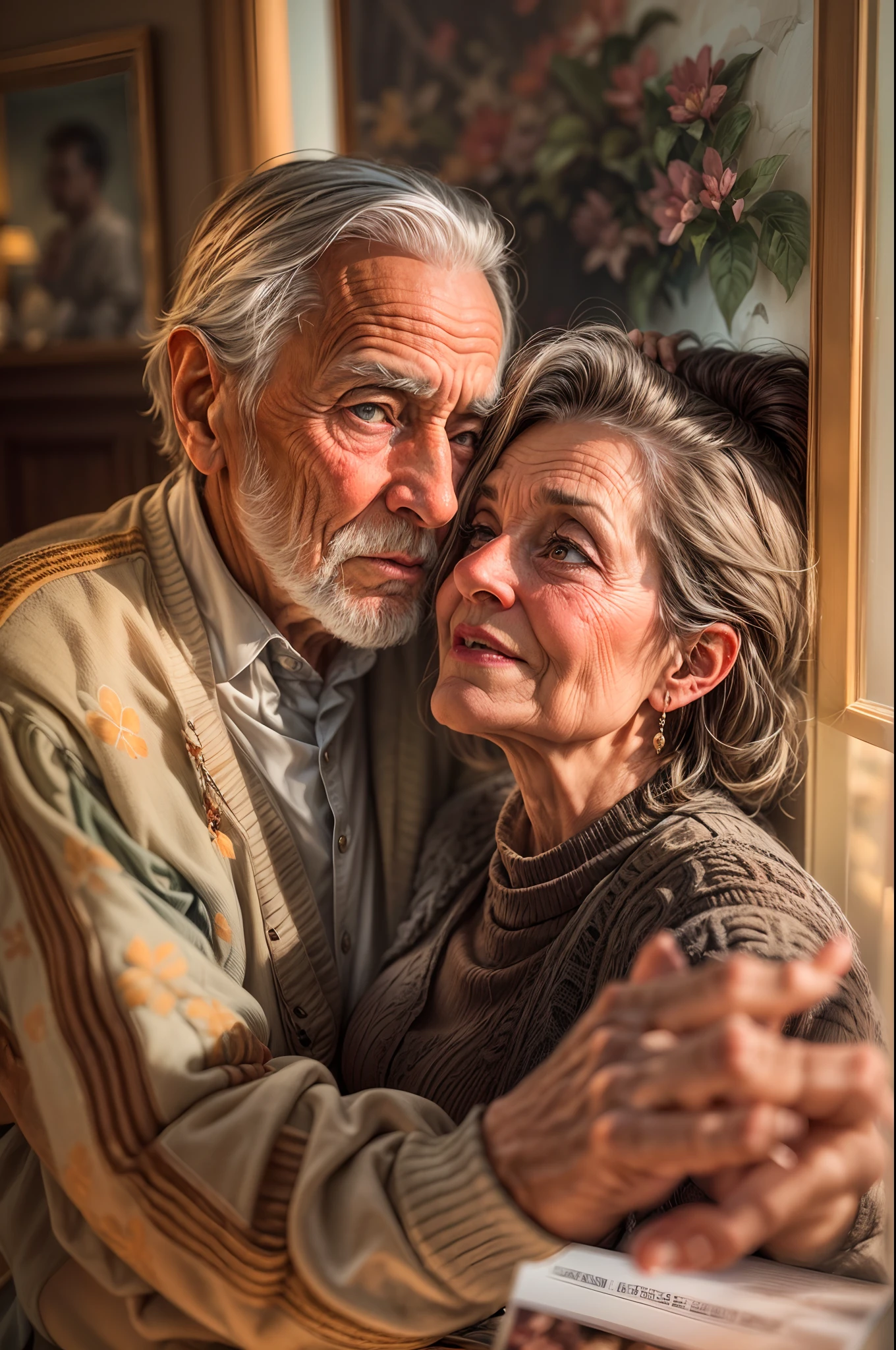 epic photo of old loving couple, intimate, masterpiece, centered, oil painting, gouache, instagram able, portrait, mid shot, dynamic pose, photography, sharp focus, highly detailed, epic composition, warm color, HD, 8K