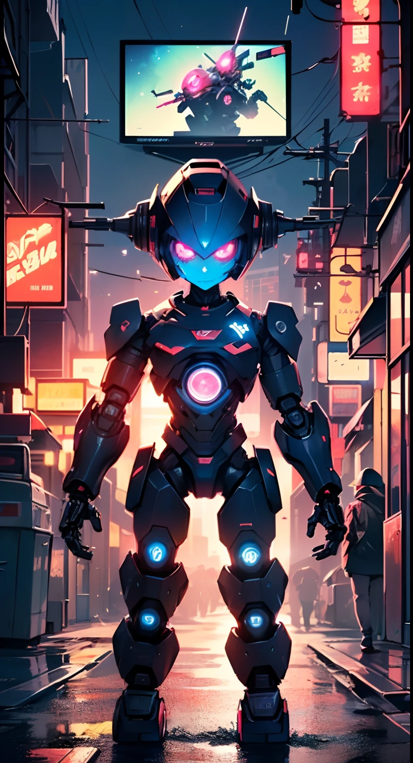(((TV robot with mechanical arms and legs))),
(((tiny little robot))) with ((((TV head)))). He has (((shaped like a cube with mechanical arms and legs))),and a (((screen on his face))) that displays emoticons and coded messages,Strange head, black tv head,
(((Object_head,televison_head))),
(dynamic pose:1.0),solo focus,centered,scale to fit dimensions,Rule of thirds,
outdoors,((night view)),(very pretty city neon synthwave,cyberpunk night street Background:1.5,dark sky,thick clouds),future vehicles,((neon lights)),thick clouds,(cyberpunk style,neon lights, (synthwave theme background), lonely street),(((detailed background:1.25))),
(best quality),(high resolution),(sharp focus),(ultra detailed),(extremely detailed),(extremely high quality artwork),8k_wallpaper,(extremely detailed CG 8k),(very fine 8K CG),((hyper super ultra detailed perfect piece)),flawless,(((masterpiece))),illustration,vibrant colors,(intricate),High contrast,Selective lighting,Double exposure,HDR (High Dynamic Range),Post-processing,Background blur,