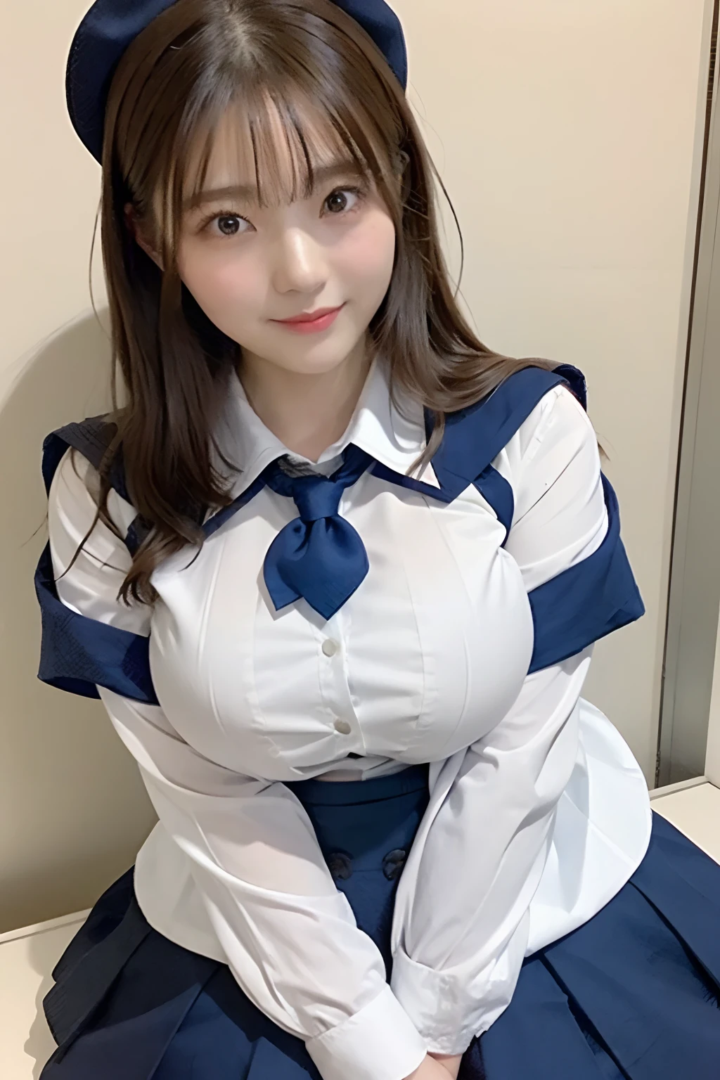 She wears the cutest high school uniform in the world、Z Cup Big,Sculpture model attracts, (1girl in:1.3)、photos realistic、Photorealsitic:1.4、Official art、ultra-detailliert、Beautiful and aesthetic、Beautiful fece、masterpiece、top-quality、Poses that sexually provoke men、Inviting eyes、an ecstatic look on one's face、the buttocks are small、Colossal tits、Chest exposed、(barechested)、The cutest blazer in the world、the cutest blouse in the world、The cutest red ribbon in the world、The most beautiful skin in the world、The cutest earrings in the world、The cutest checked miniskirt in the world、The cutest navy knee socks in the world、The cutest black loafers in the world、The cutest sleeping face in the world、The cutest gravure idol pose in the world、The most attractive body in the world、The whole body is shown、school classrooms、hide the chest with your hands