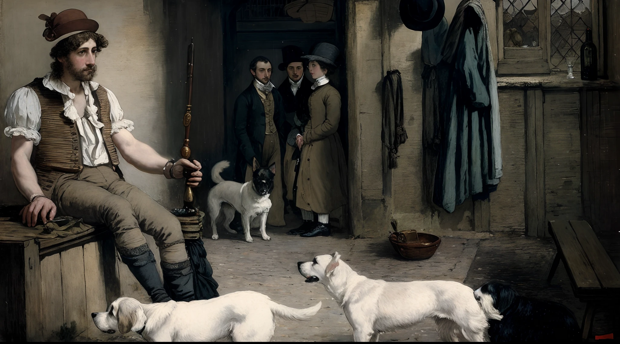 painting of a man sitting on a bench with two dogs, inspired by William Quiller Orchardson, 1 8 3 0 s style painting, by William Quiller Orchardson, 1 9 th century scene, underground scene, 1800s painting, detailed annotated painting, berne hogarth, 1 8 5 0 s style painting, quirky 1 9 th century