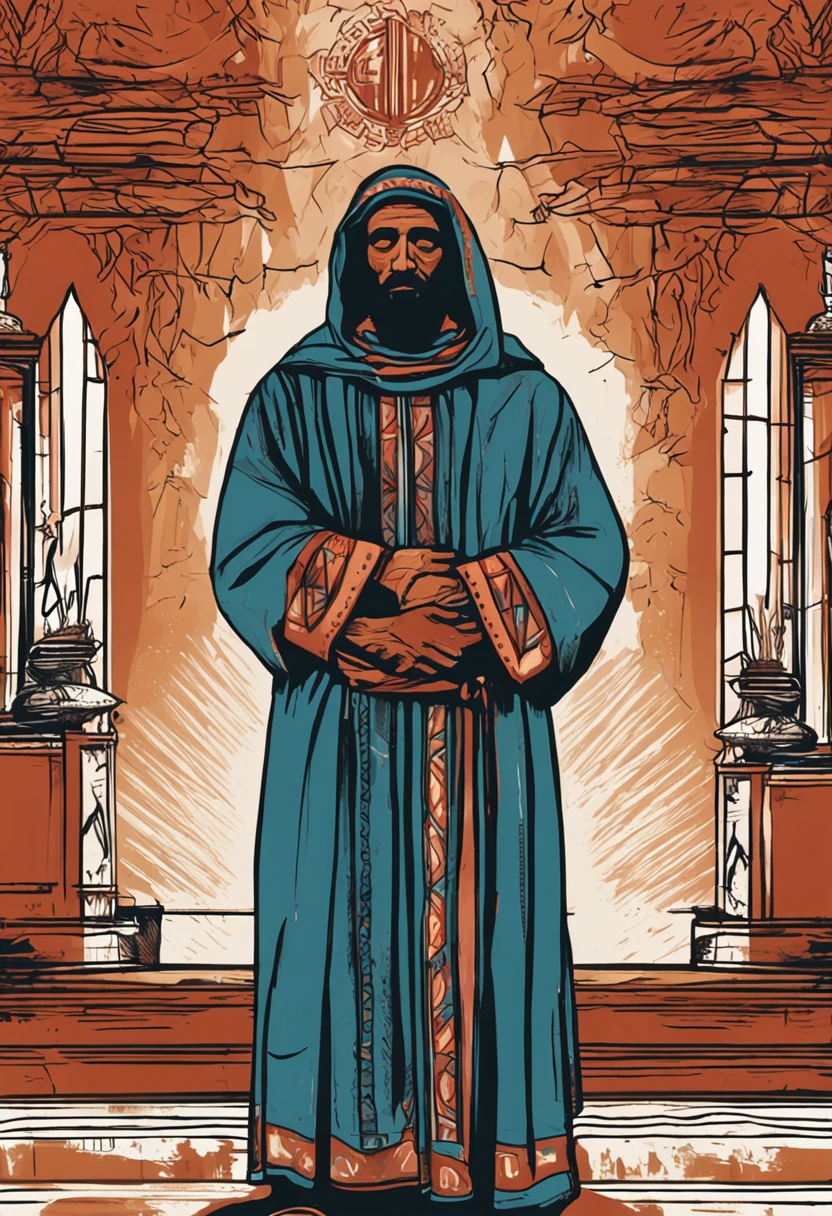 A Christian, standing before an altar, with hands folded in prayer. His gaze is fixed and determined, olhando diretamente para frente. The image is shrouded in an atmosphere of darkness, in low light illuminating the surrounding space. Ao fundo, uma cruz erguida se destaca, emitindo um brilho leve e suave, symbolizing the divine presence. Despite the darkness around him, The confident posture and serene expression of the Christian demonstrate an unshakable belief and a hope that transcends any adversity, Sony A7r, Lente 50mm, luz da escuridao, 8k