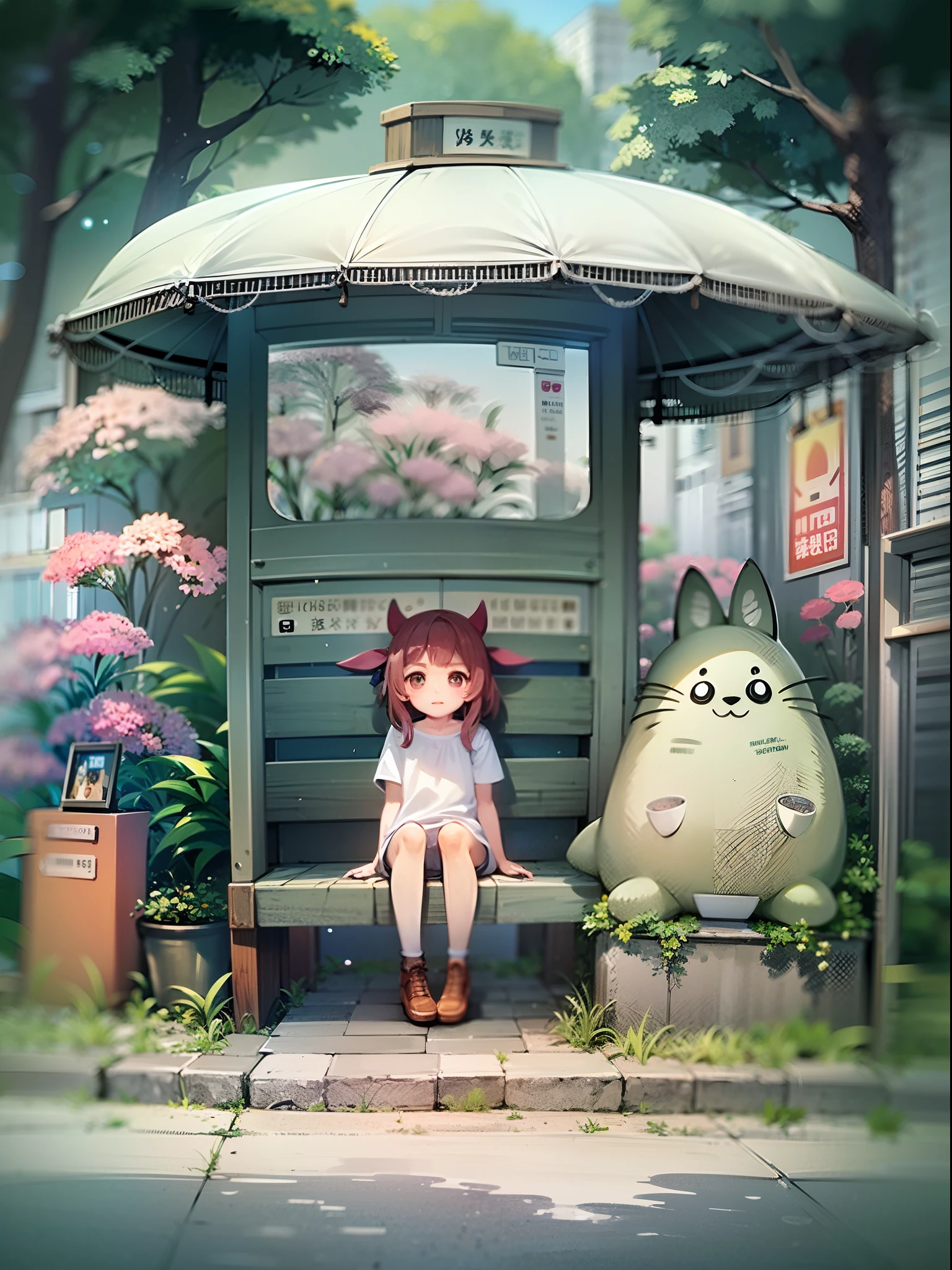 succubus、(masterpiece、top-quality: 1.3)、(16k、hight resolution: 1.3)、(wakame: 1.3),Ghibli-style bus stop that appears in the Totoro play, chibi, cute girl, the girl is very small and very cute, anime style, watercolor painting, white background,
