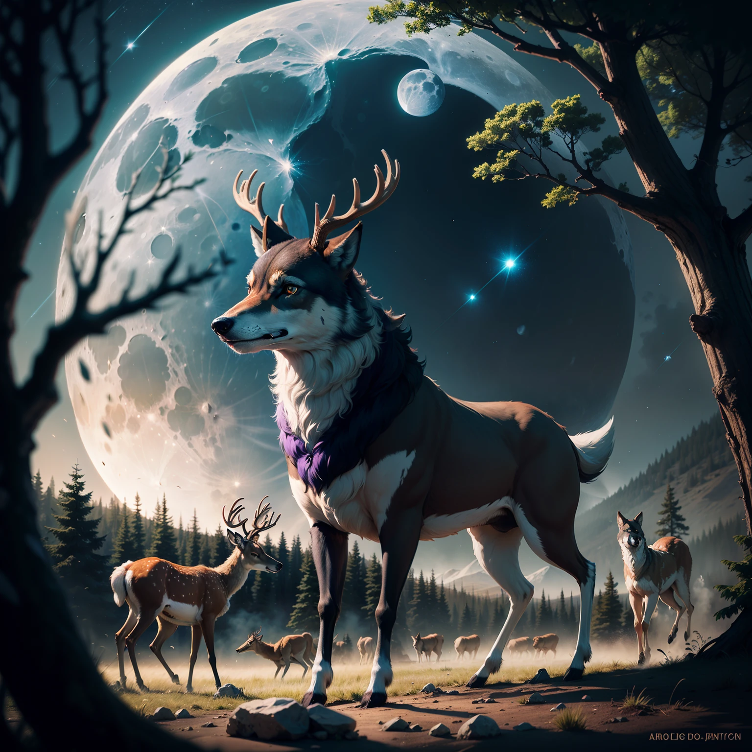 A pack of wolves attacks a deer against the background of the moon and stars and trees. The tones are blue, green with purple hues