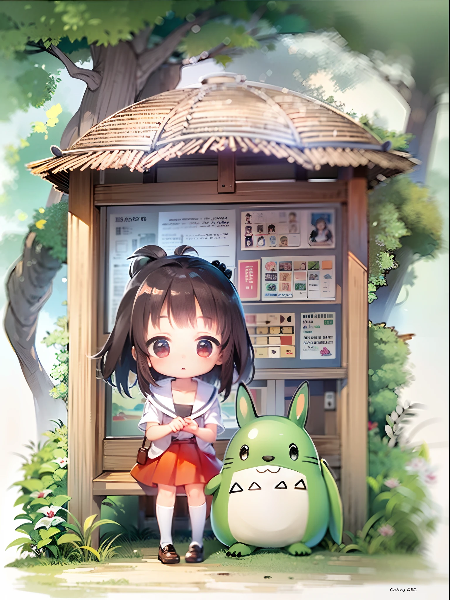 succubus、(masterpiece、top-quality: 1.3)、(16k、hight resolution: 1.3)、(wakame: 1.3),Ghibli-style bus stop that appears in the Totoro play, chibi, cute girl, the girl is very small and very cute, anime style, watercolor painting, white background,