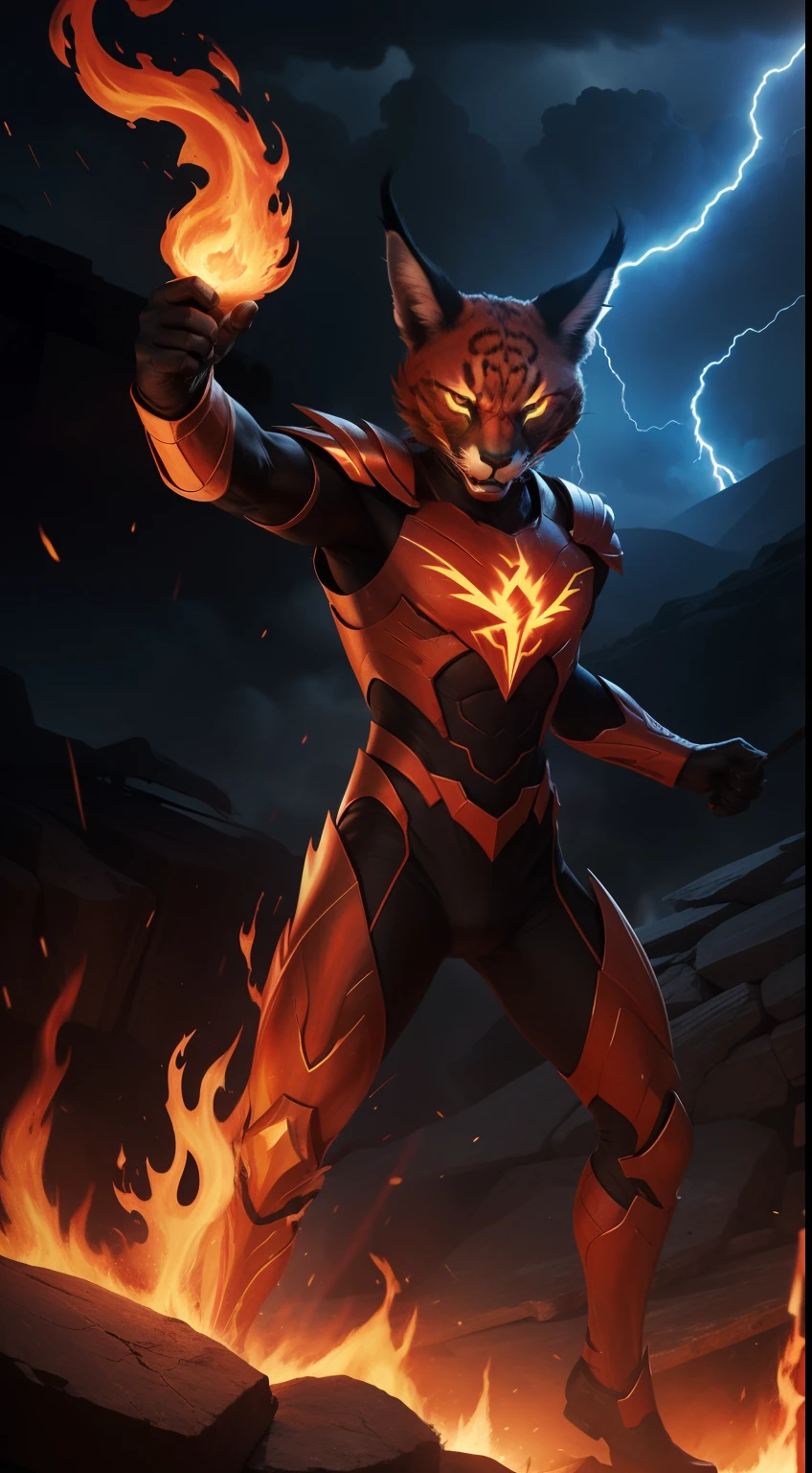 infernal-lord, caracal-head, flame-lava, fire-background, full-body, lightning-strike-on-the-left-background, cool