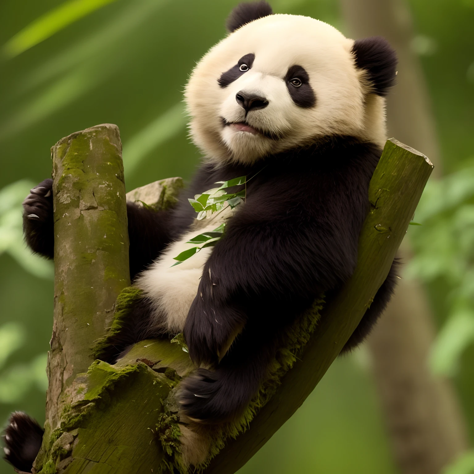 Panda sitting in a tree，Paw on the branch, Cute panda, a cute giant panda, panda panda panda, tian zi, Panda, cute animal, he is very relaxed, cute single animal, relaxing after a hard day, aaaaaaaaaax, BREAK BREAK BREAK, peaceful looking animals, pan ren wei, endangered, Beautiful nature, made of bamboo, Now he's going to be in the middle of a dark night，And there is a moon on the background