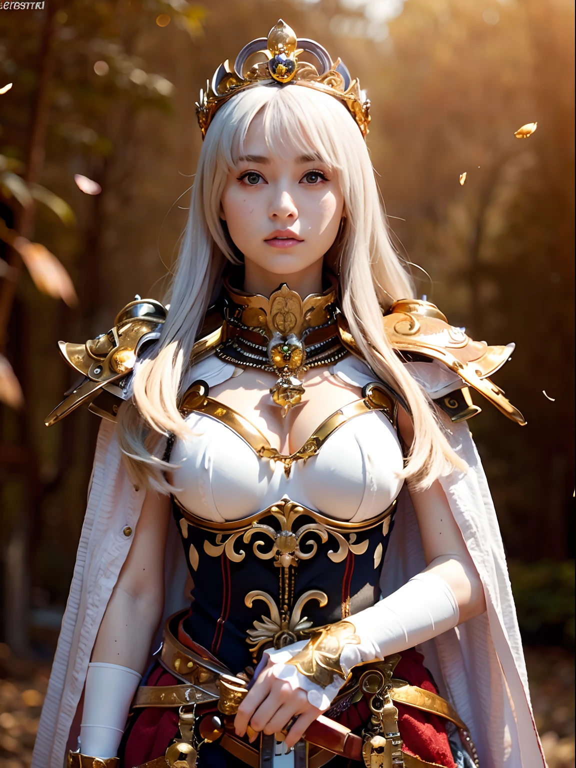 (masutepiece), Professional , masterpiece、top-quality、photos realistic , depth of fields (Gemstone Silver Metal Body:1.9),(Matte White、Jewel Gold Weapon(Jewel Metal Body:1.4),Gorgeous metal weapons , Detailed Sword of the Brave , Beautiful knife ,warhammer 40k , adepta sororitas,Detail and ornate jewel crown、Golden hair、Gangle's forest background、Beautiful Caucasian beauty、1a person、dynamic ungle,(((Detailed and ornate diamond crown)))、Smaller head、A smile、Background inside the castle、Thin and beautiful female hands、cleavage of the breast、Soldier in iron armor on background、Soldier in iron armor on background、Mystical expression、Light Effects、