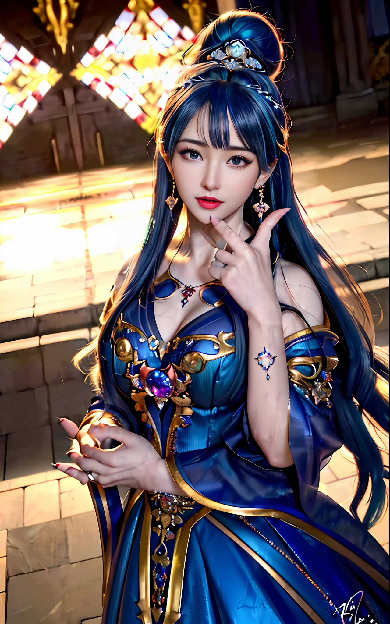 ((realisticity: 1.2)), ((realistic: 8K UHD)), ((best resolution: 8K UHD)), hyper detailed, best quality,masterpiece,highres,cg, ((1 girl hyper detailed and hyper realistic) ) , ((beautiful queen, hyper realistic and hyper detailed)),((white skin, beautiful, smooth, youthful, hyper realistic and hyper detailed )), ((Face hyper beautiful, white, hyper realistic and hyper detailed ) ), long hair, ((hyper realistic and hyper detailed dress)), solo, ((hyper realistic, hyper beautiful, beautiful and hyper detailed jewelry)), ((hyper beautiful deep red and golden yellow dress, hyper realistic and hyper detailed )) , ((Her pretty, hyper realistic, hyper detailed diamond filled earrings)), ((Her gorgeous diamond haircut, hyper realistic and hyper detailed)), ((hyper pretty upper body, hyper beautiful, hyper realistic and hyper detailed) ), ((medium breast: 1.1)), ((hyper realistic, hyper pretty, hyper detailed boobs)), ((the backgroun of the royal palace is hyper majestic, hyper realistic and hyper detailed)),((hands and palms hyper beautiful, hyper detailed, hyper realistic)), ((hyper detailed and hyper realistic fingers and fingernails)), ((hyper pretty fingernails, hyper vivid, hyper detailed, hyper realistic)), ((thumb, index finger, middle finger, ring finger, little finger hyper vivid, hyper pretty, hyper detailed, hyper realistic)),
((hyper beautiful fingers, hyper detailed, and hyper realistic)), ((posture not too fat and not too thin, hyper realistic, hyper detail)), ((hyper pretty, hyper pretty, hyper realistic and hyper detailed hair bun)), ((hyper pretty , hyper realistic and hyper detailed blue hair)), candid, Photo, high resolution, 8k , bokeh,