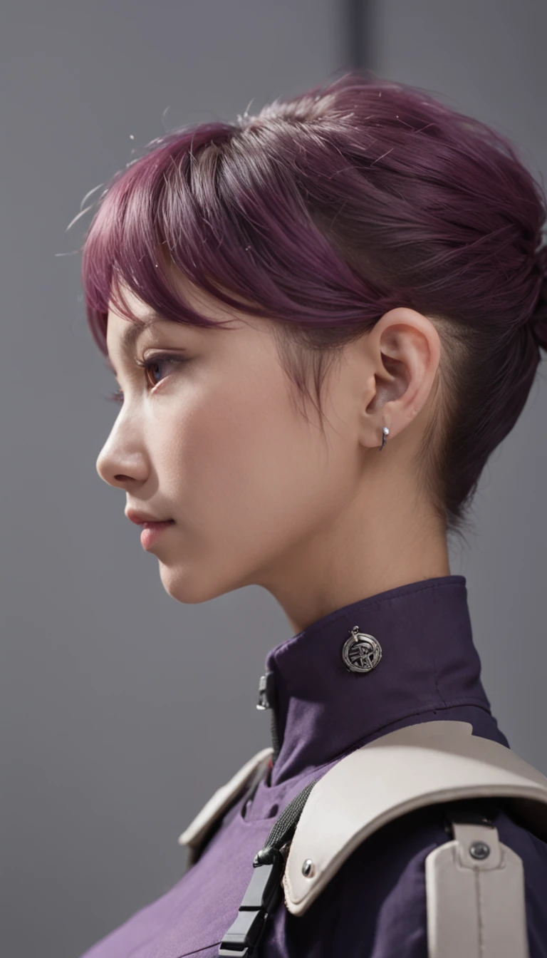 japanese woman, with accurate features, strong jawline, slightly pointed ears, short hair, lavender hair, dynamic angle shot, No extra ears, neck zoomed in, side view profile centered, wide high angle view, Two pointed ears,Side photo, wearing futuristic military uniform, science fiction