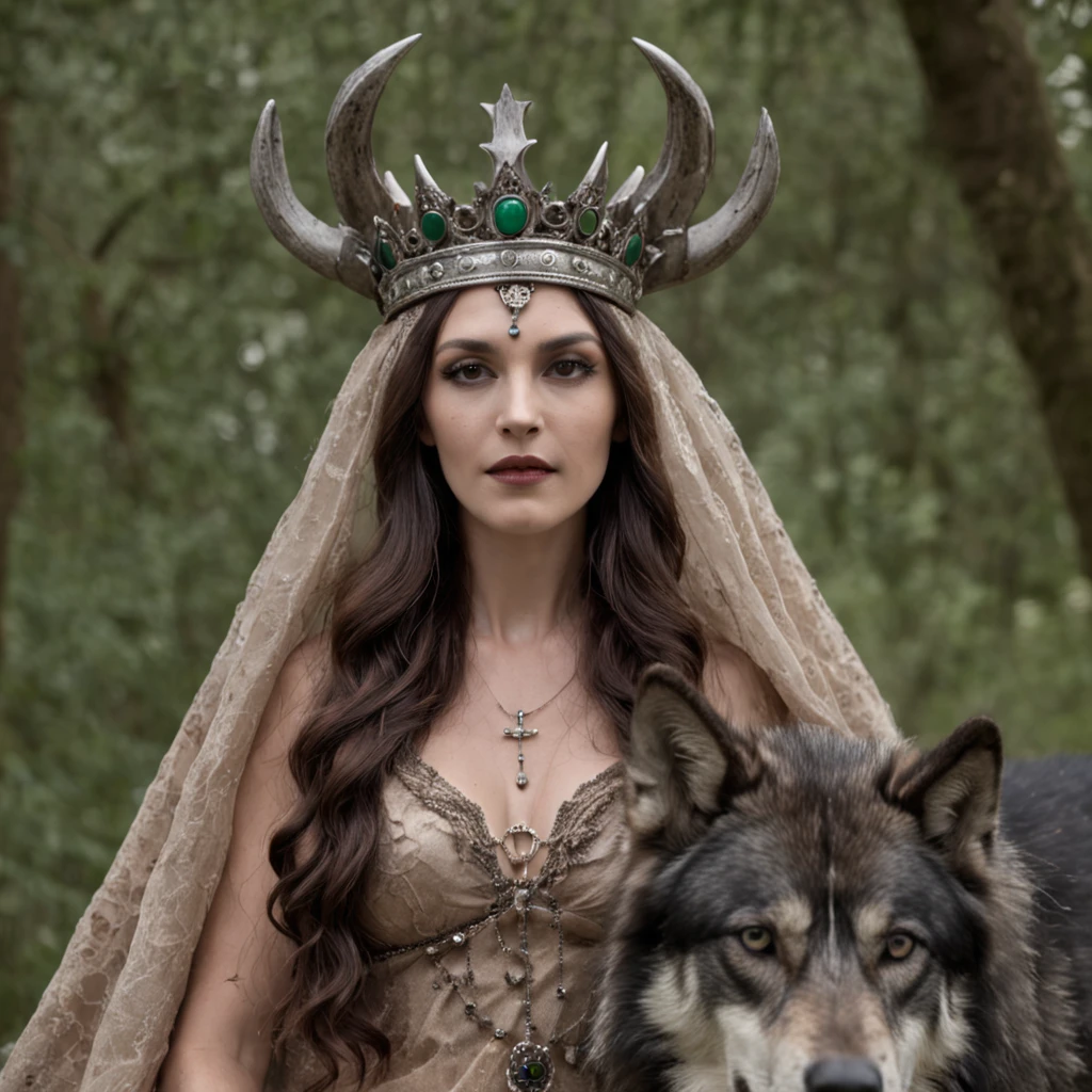 a photo of a woman with a crown and three wolves, hecate goddess, Hecate, pagan goddess, Deusa do Submundo, Norse goddess, persephone as goddess of death, Deusa da Raiva, Rainha do Submundo, deusa. detalhes extremamente altos, Mito grego do ritual escuro, Deusa da morte, the goddess hestia, Rainha do Inferno