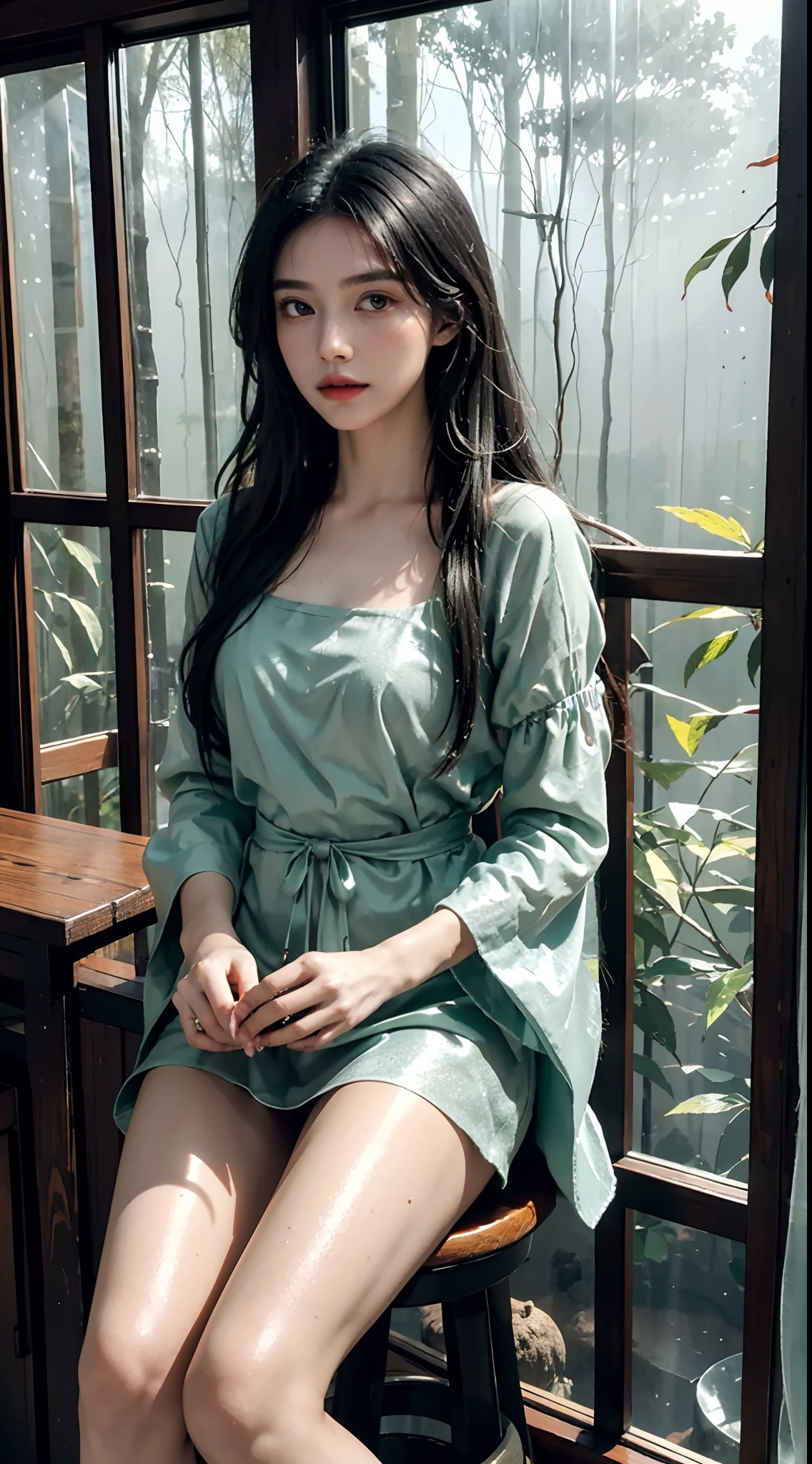 elegant woman sitting on a chair, amazingly cute face、popular makeup、korean female fashion model, (super realistic pantyhose:1.5)、black stockings、cute one piece、very beautiful legs, Cute elegant pose, korean girl, very beautiful long legs, pretty face with arms and legs, elegant smile pose, 全身cute young woman, gorgeous young korean woman, slim girl model photo, cute young woman、realistic skin texture、shiny skin、looked back、exposed thighs!!!、