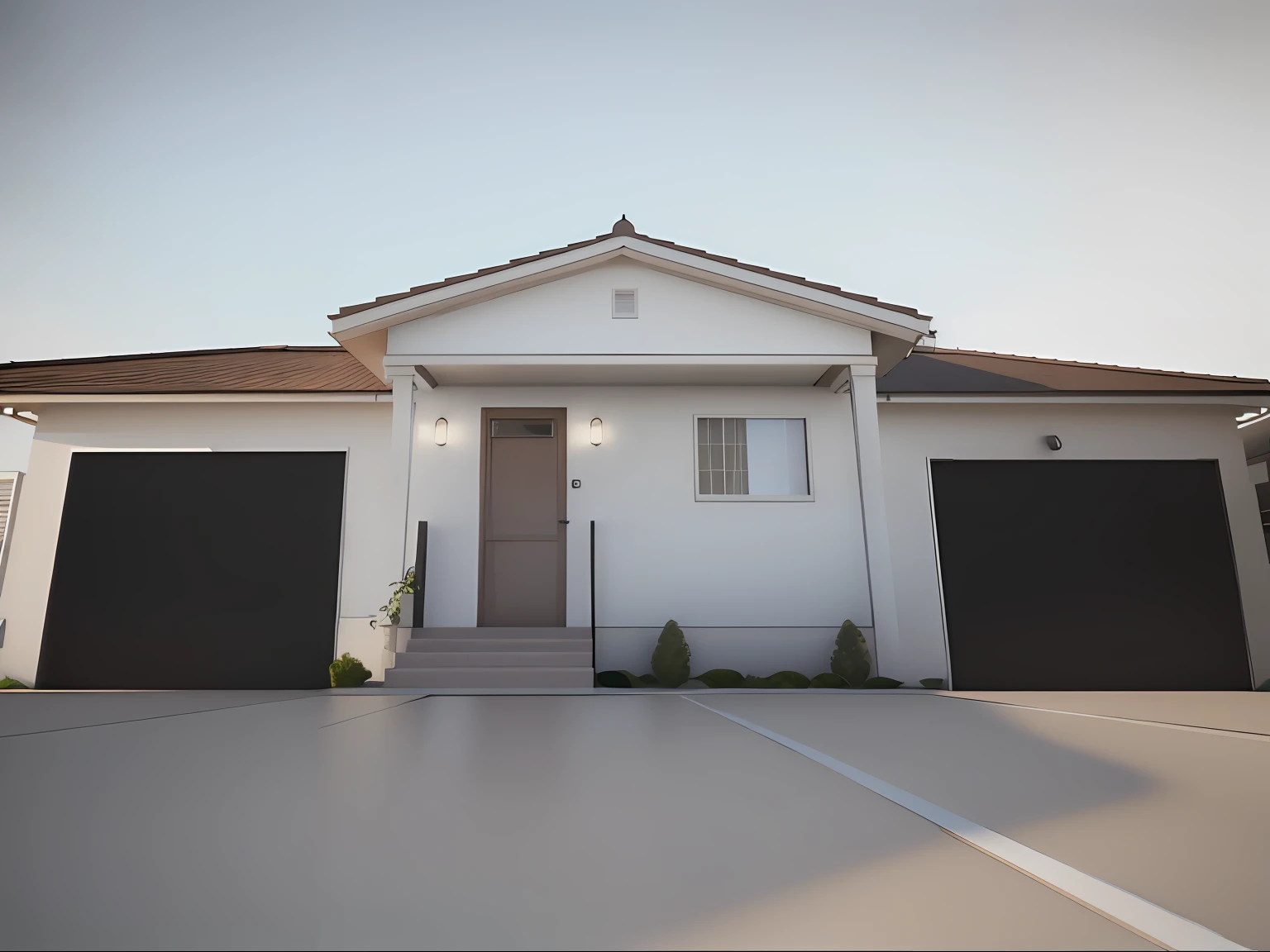 There is a white house with a brown roof and two garages, semi-realistic rendering, photorealistic render, em frente a uma garagem, realism rendering, highly photographic render, photorealistic render, estilo realista, fully detailed render, renderizado no lumion pro, realista estilo 3d, estilo fotorrealista, denoised photorealistic render, hyper realistic render