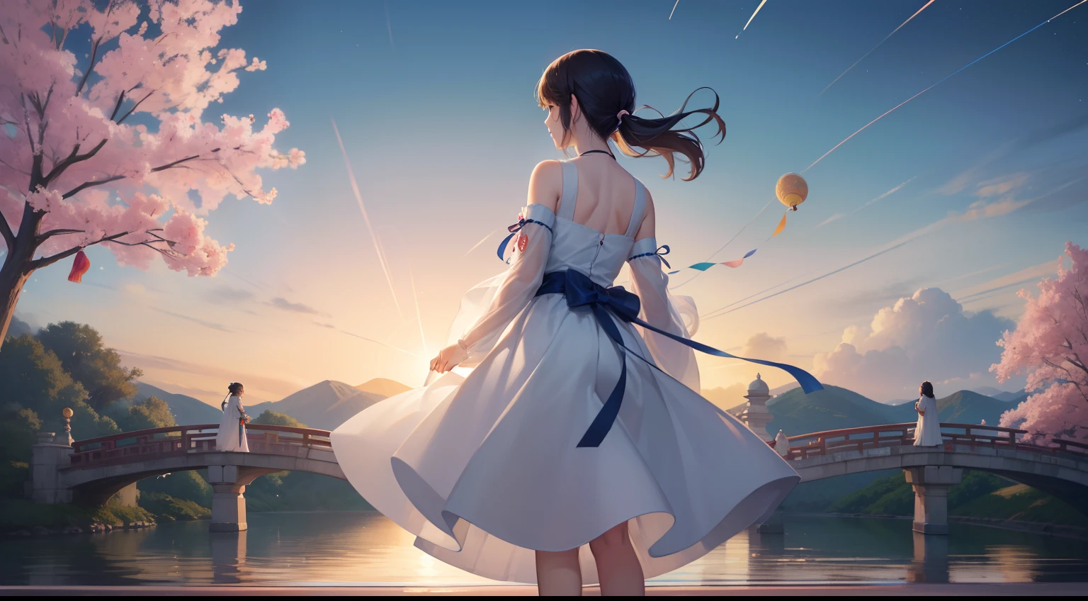 On a sunny day on Tanabata, Clouds fluttering,On the Magpie Bridge,The cowherd and the weaver girl look up at the sky from back to back,Character backs。starry sky bright,Quiet by the river,It was as if there were only two people left in the entire universe。At this moment,A thousand years of waiting turned into a sweet encounter,Love blooms on the night of Tanabata。small person,Men and women back to back,There are big scene posters,A man and a woman stood back to back on the bridge, Poster illustration, A beautiful artwork illustration, poster for, vibrant tourism poster, lie on white clouds fairyland, Chinese fantasy, Poster design, illustrated poster,Very dreamy,Horizontal version,Character backs