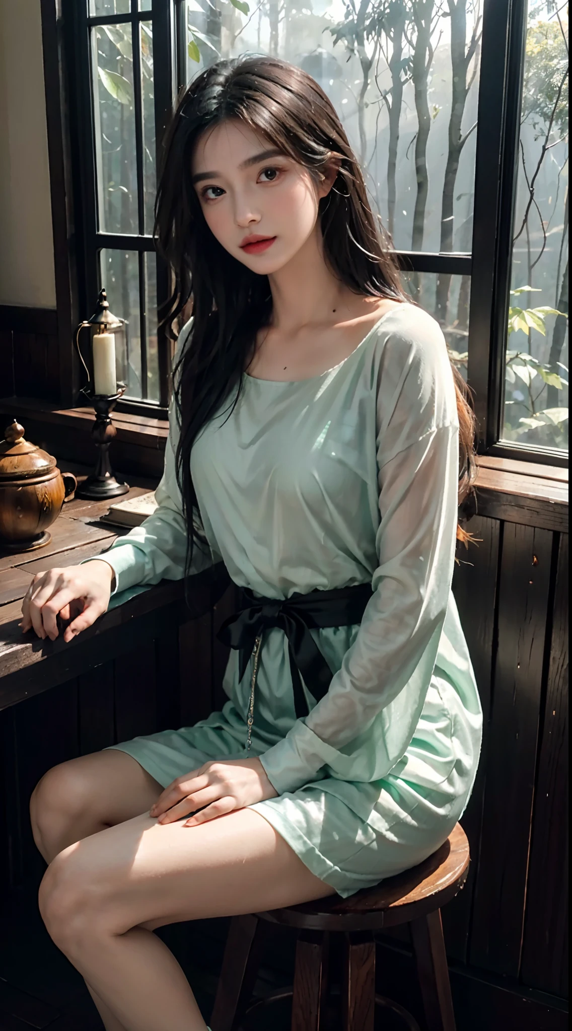 masterpiece, best quality, Wise (young witch) perched on (wooden) stool, stirring (bubbling) cauldron.
Magical (girl) with (bright green) eyes pouring (glowing) potion into (small glass) vial.
Enchanting (female) with (long black) hair adding (sparkling) herbs to (steaming) brew.
Serene (girl) with (almond-shaped) face blending (shimmering) powders with (flickering) candlelight.
Misty (forest) surrounding (cozy) cabin, (orange) leaves falling outside (frosted) window.