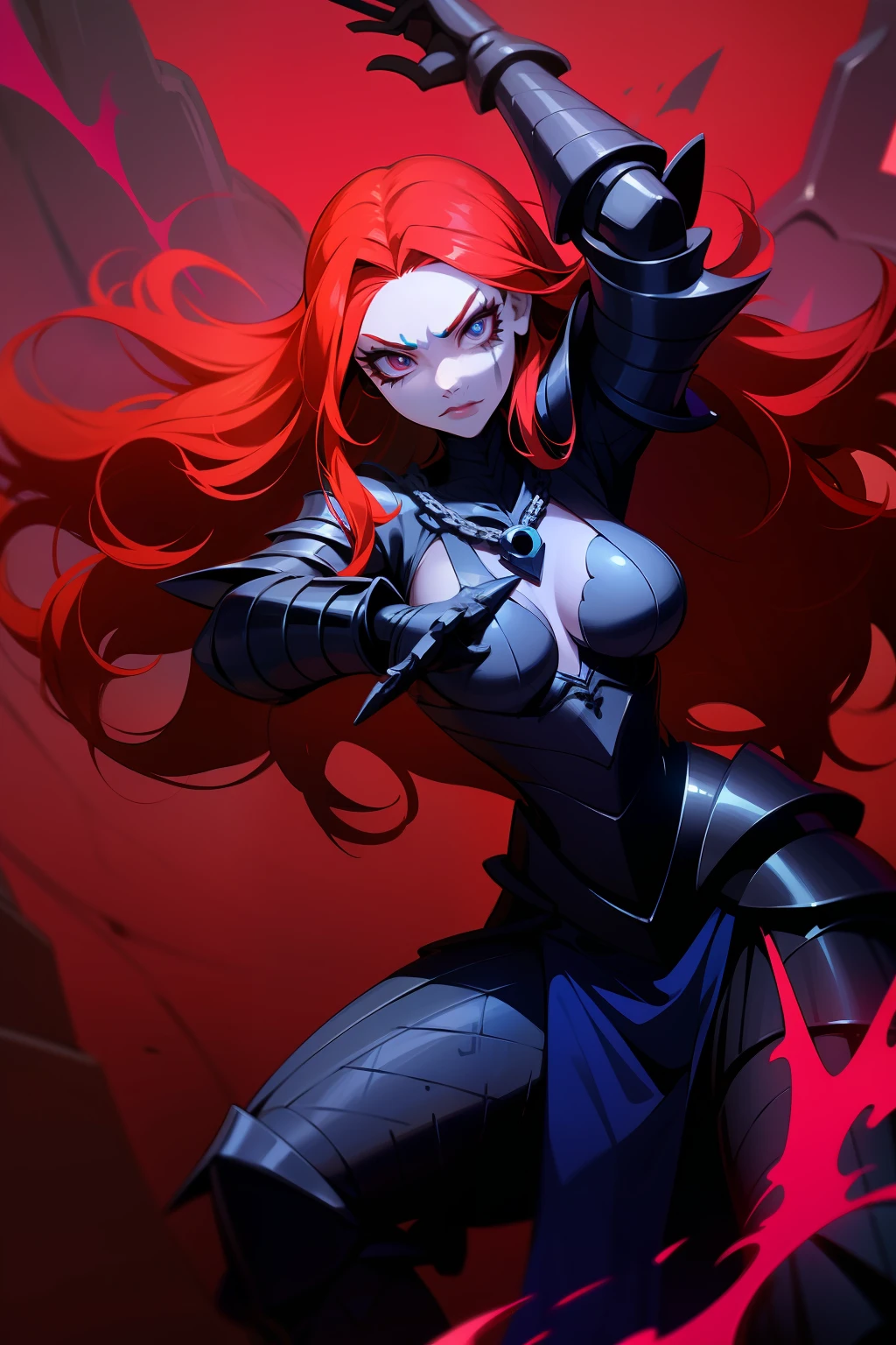 A fierce female warrior game asset character posing powerfully with sword, long red hair flowing dynamically, intricate fantasy armor adorned with chains and skulls, rune tattoos on skin, vibrant color scheme