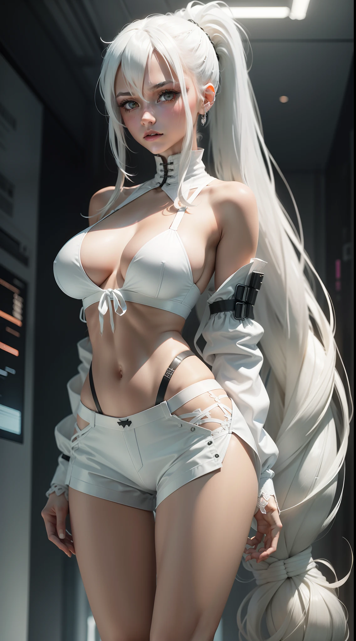 long whitr hair,Tie a ponytail,Cyberpunk-inspired lace-up white leather shorts,There are patterns on the body,Tall and tall,White color hair,huge tit