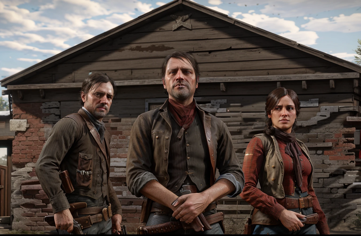 three people standing in front of a brick building with a gun, in red dead redemntion 2, rdr 2 mod, in red dead redemption 2, red dead redemption 2, red dead redemption2, [ red dead ], rdr2, oldwest, trump in rdr2, red dead redemption, old west, highly detailed characters, 2020 video game screenshot