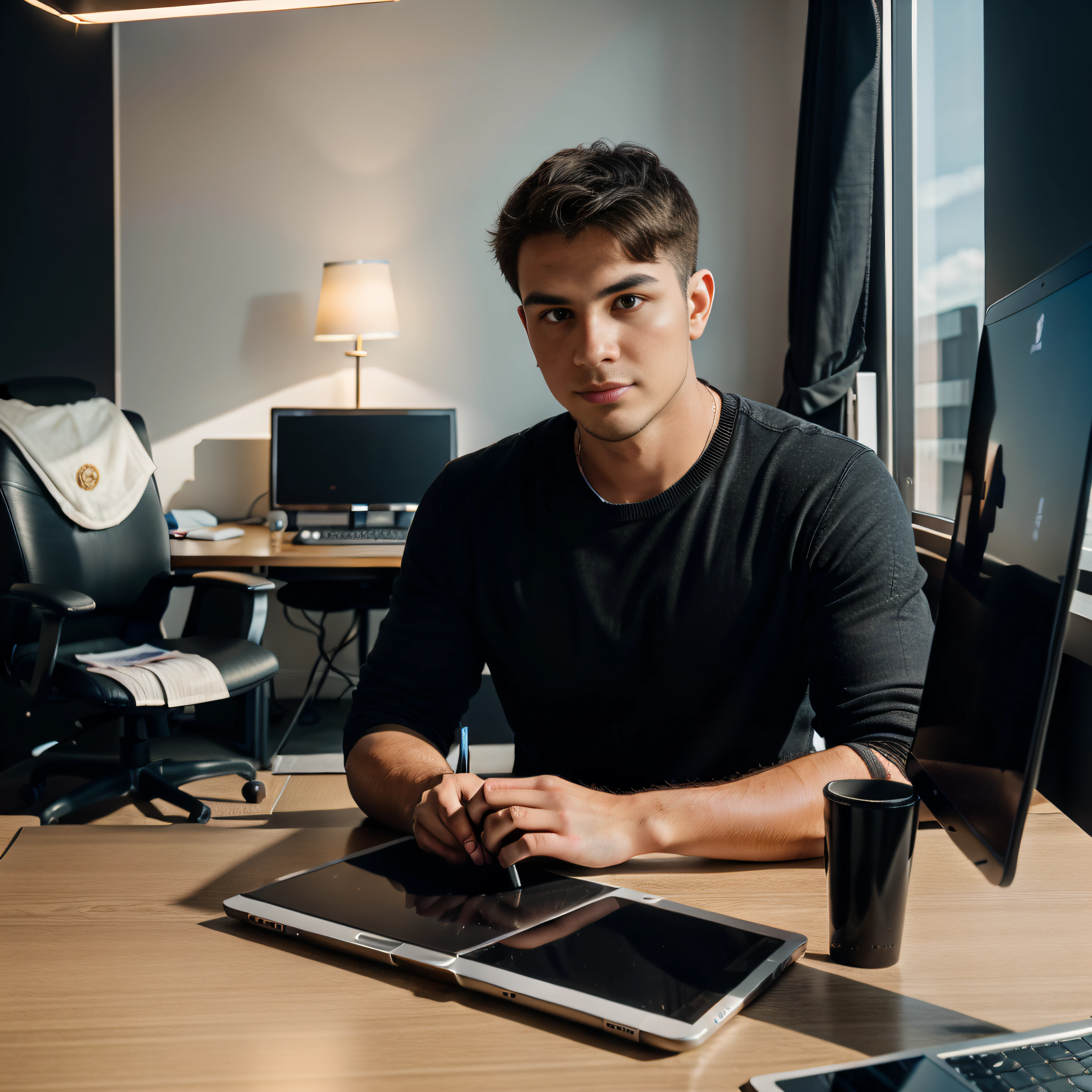 A 25-year-old male insurance advisor in an office conducts a video chat with a client on a laptop. The setting radiates youth and showcases the contemporary way of interacting in the insurance field. Photo taken by Lucas Green with a Canon EOS 6D Mark II and a 35mm lens. The lighting is a blend of ambient office light and subtle artificial lighting, highlighting the fusion of traditional and digital methods. Ambient lighting, Subtle artificial lighting. 8K, Ultra-HD, Super-Resolution