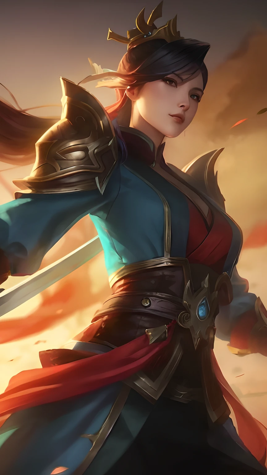a woman in a blue and red outfit holding a sword, extremely detailed artgerm, katarina, inspired by Ju Lian, zenra taliyah, league of legends character, style artgerm, ashe, inspired by Yi Jaegwan, taliyah, artgerm lau, inspired by Lan Ying, league of legends character art, inspired by Yang Jin