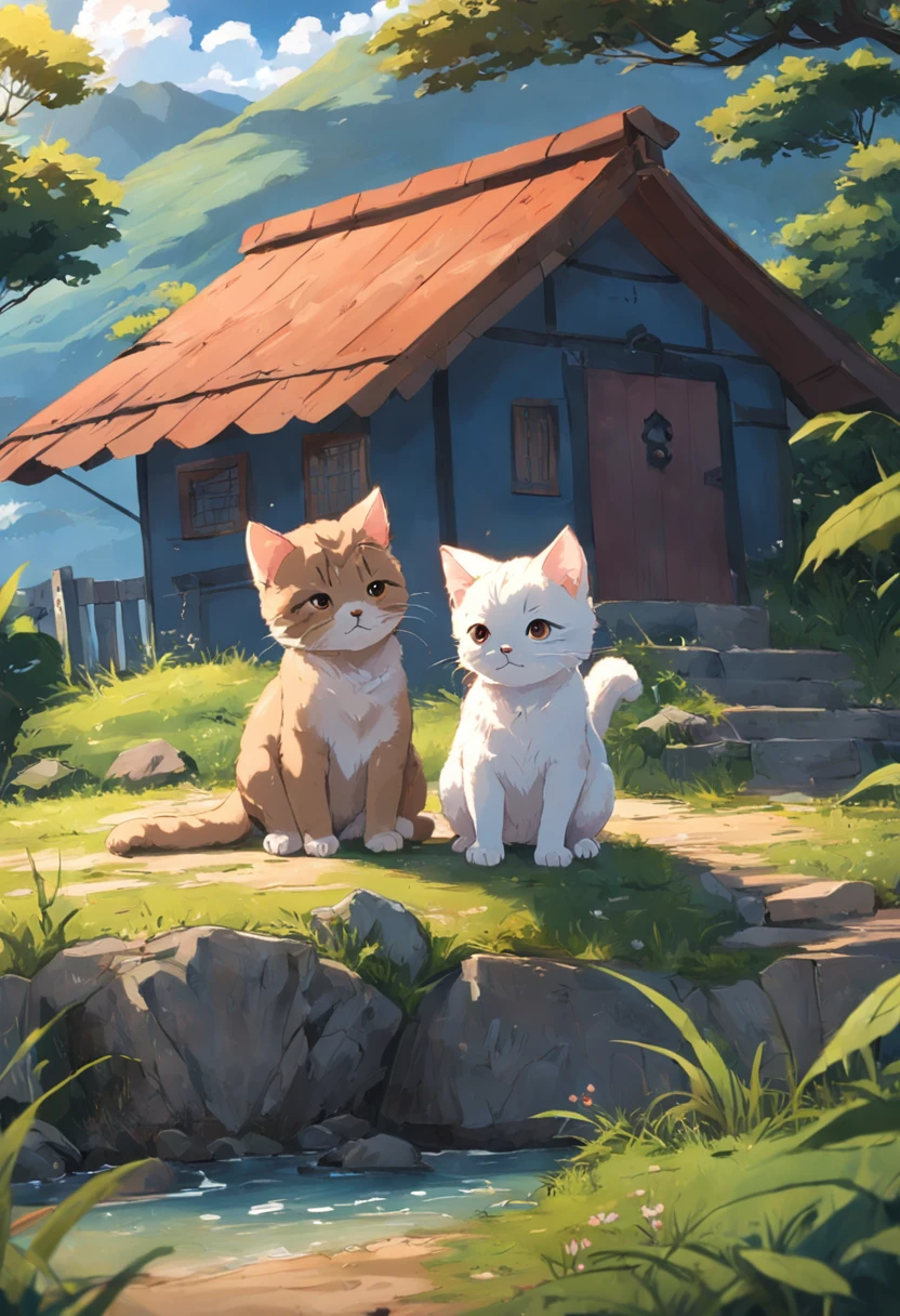 Em uma linda pequena vila，There are mountains，arvoredo，campos gramados，pequeno lago，o cachorrinho，baby cats，Uma garota，Libido menino，Meninos trotando pela aldeia，E lindos pores-do-sol，Brisa suave 1, NSFW