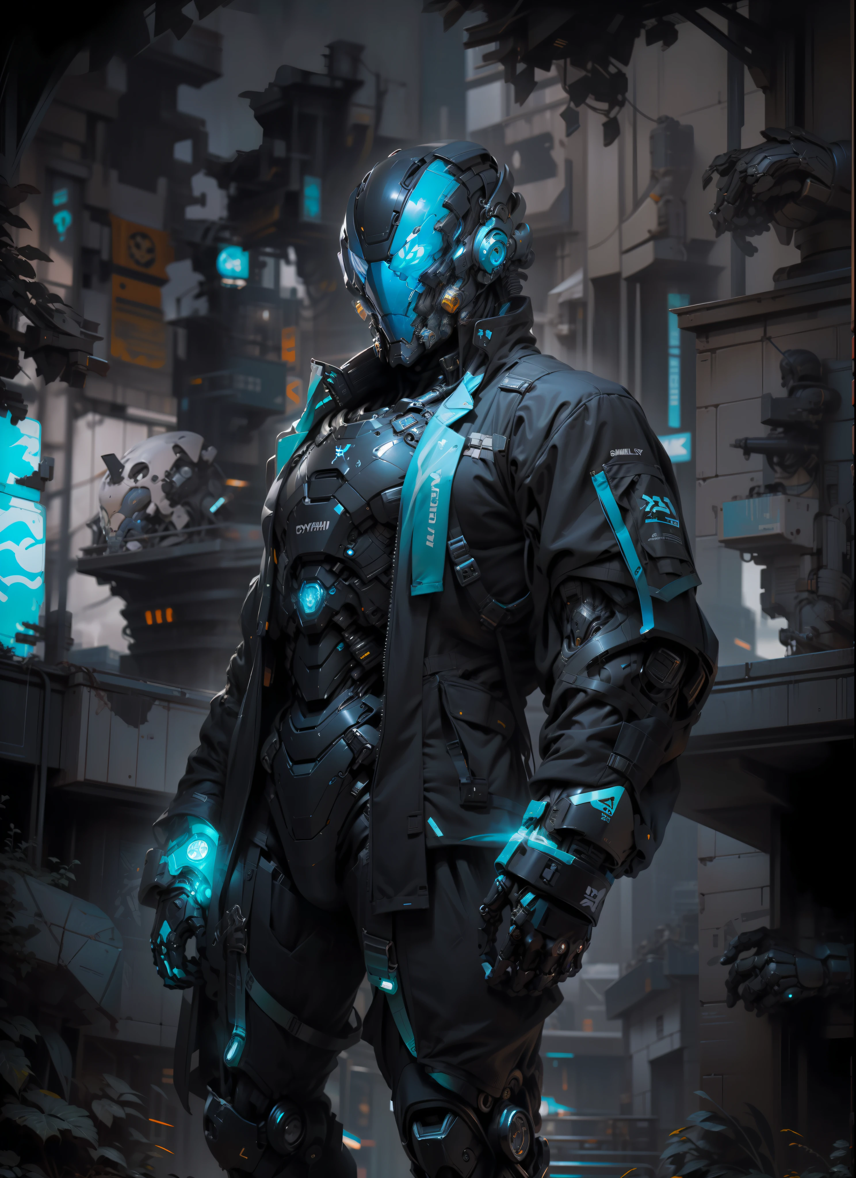 full body plane, ((a futuristic-looking blue chrome cyborg man)) with a fantastic ((square cyberhelmet head with blue lights)), dressed in a (((black and blue techwear))), humanoid robot, ((Iron gray tactical gloves)), mechanical neck, cyberpunk city, UHD, anatomically correct, best quality, masterpiece