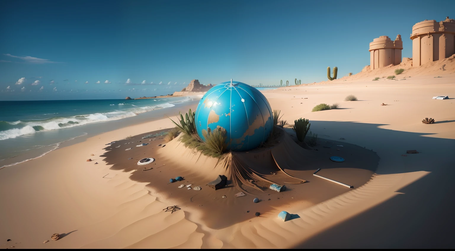 Marine pollution,Ruined desert island,Marine debris,Lifeless,Environmental issues,Disturbing,surrealism,high high quality,tmasterpiece