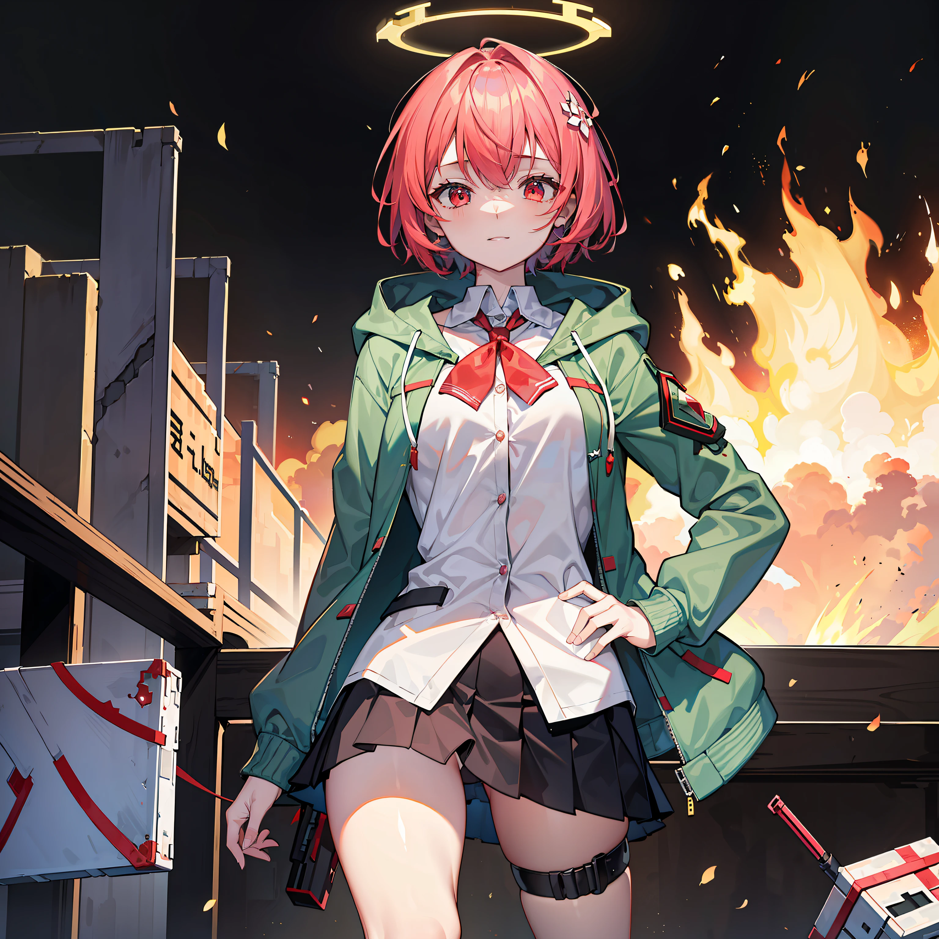 tmasterpiece，Need，1girll,{Beautiful Meticulous Girl}，Beautiful and delicate halo，（flame of war：1.2），（Nuclear explosions behind it：1.3），Sateen，ssmile，revealing breasts，Green cardigan jacket，With a hood，Red eyes，pink short hair，Lost his right leg in the war，Lengthens skin，（Background of war） ，From Minecraft ，Coolies are afraid，🥵🥵🥵❤️❤️❤️，No pants or skirts