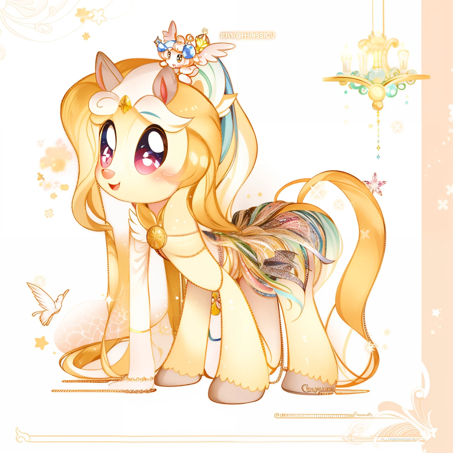 Close-up of a cartoon pony with a crown on his head, mlp, mlp fanart, golden and copper shining armor, anthropomorphic mare, royal elegant pose, Princess of Light, cutie mark, Pisif style, aesthetic cute with flutter, author：Love light, zerochan, Pisif, in ryuuou no oshigoto art style