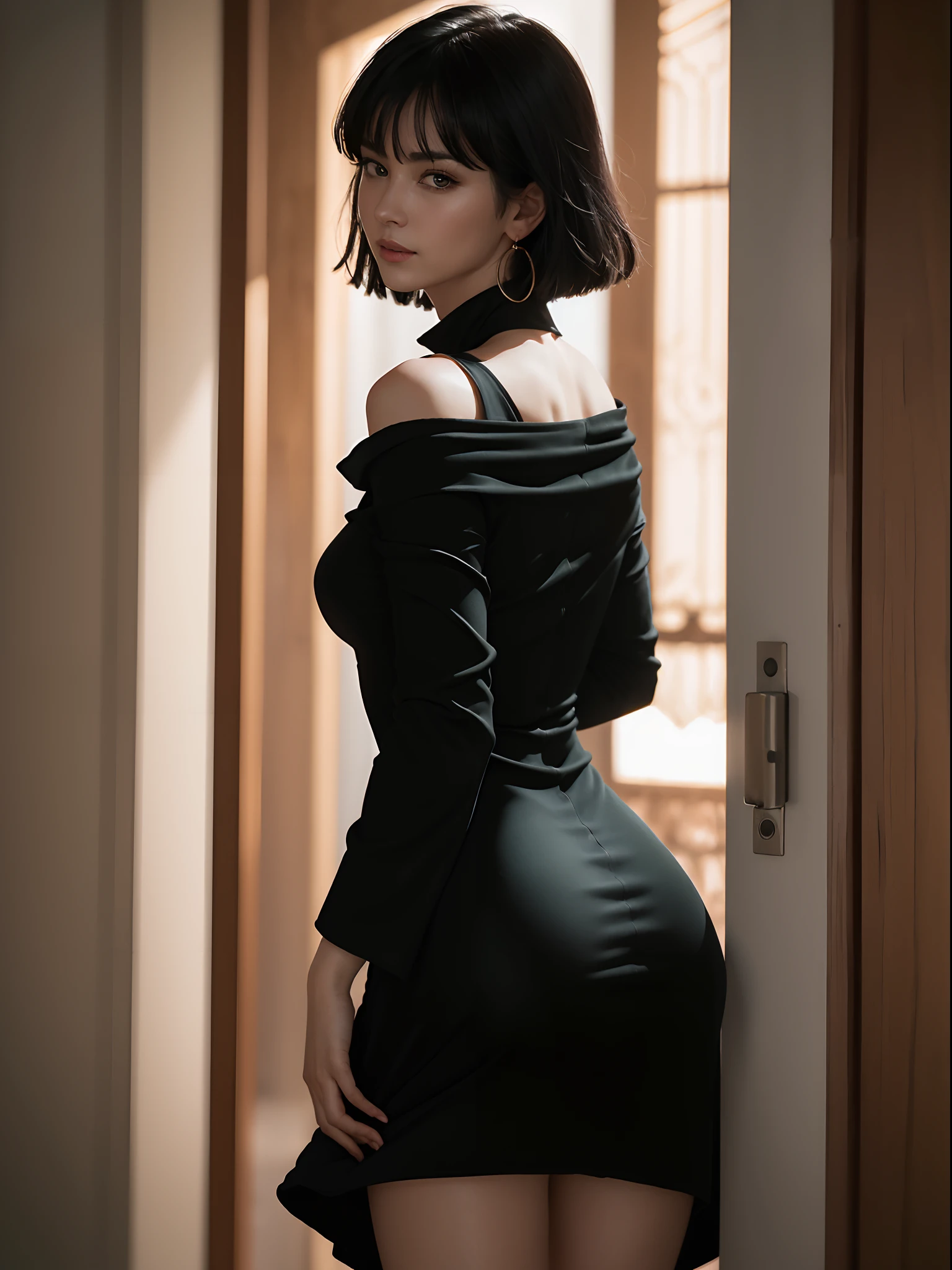 (masterpiece, best quality:1.4), (standing:1.2), (dinamic pose:1.3), (from behind:1.4), 1girl, solo, fubuki, black hair, green eyes, short hair, black dress, (black dress:1.8), dress, (fur coat), high collar, jewelry, necklace, off shoulder, taut clothes, taut dress, looking at viewer, beautifull smile, beautiful face, highly detailed face, highly detailed eyes, highly detailed skin, skin pores, subsurface scattering, realistic pupils, full face blush, full lips, detailed background, depth of field, volumetric lighting, sharp focus, absurdres, realistic proportions, good anatomy, (realistic, hyperrealistic:1.4), 16k hdr,
