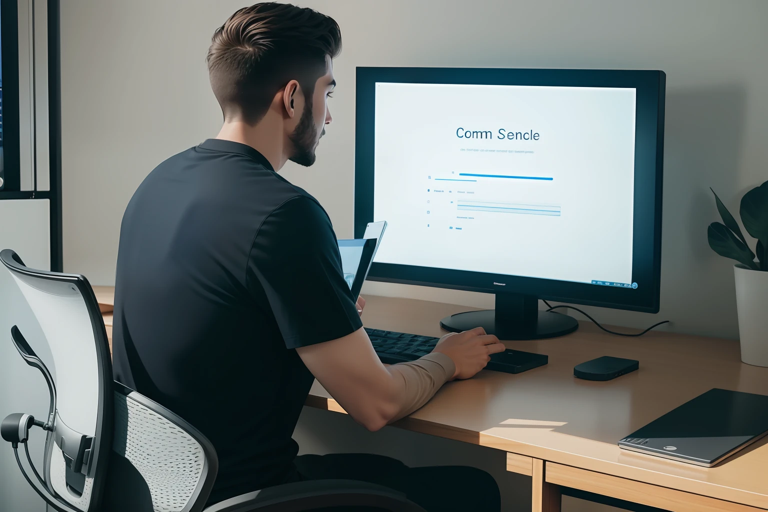 a slim man sitting before his computer with an active screen