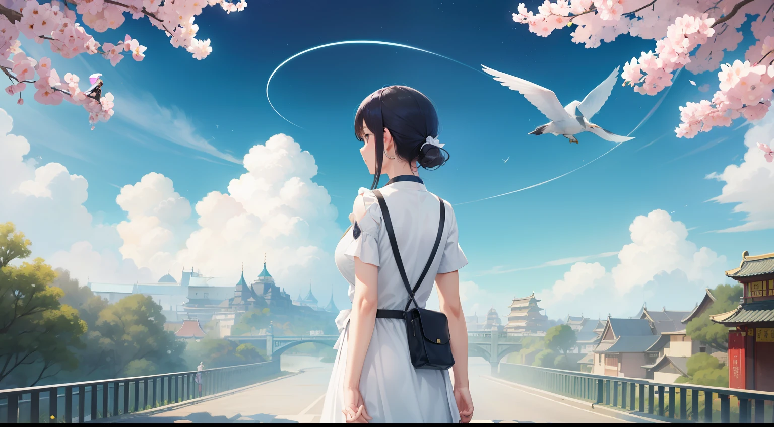 On a sunny day in Tanabata, Clouds fluttering，On the Magpie Bridge，Men and women look up at the sky back to back，Character backs。starry sky bright，Quiet by the river，It was as if there were only two people left in the entire universe looking at the sky。。。。。At this moment，A thousand years of waiting，small person，Men and women back to back，There are big scene posters，A man and a woman stood back to back on the bridge, Poster illustration, A beautiful artwork illustration, poster for, vibrant tourism poster, lie on white clouds fairyland, Chinese fantasy, Poster design, illustrated poster,Very dreamy，Horizontal version，Character backs，Chinese big breasts