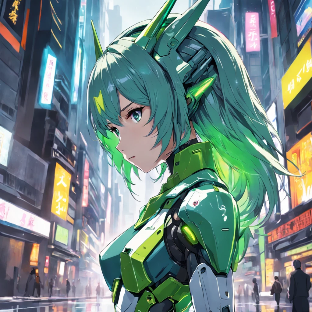a close up of a person in a suit on a city street, cyberpunk art, inspired by Ryūsei Kishida, neo-dada, metallic green armor, anime manga robot!! anime girl, neon colored suit, upper body 2d game avatar, mobile suit, avatar image
