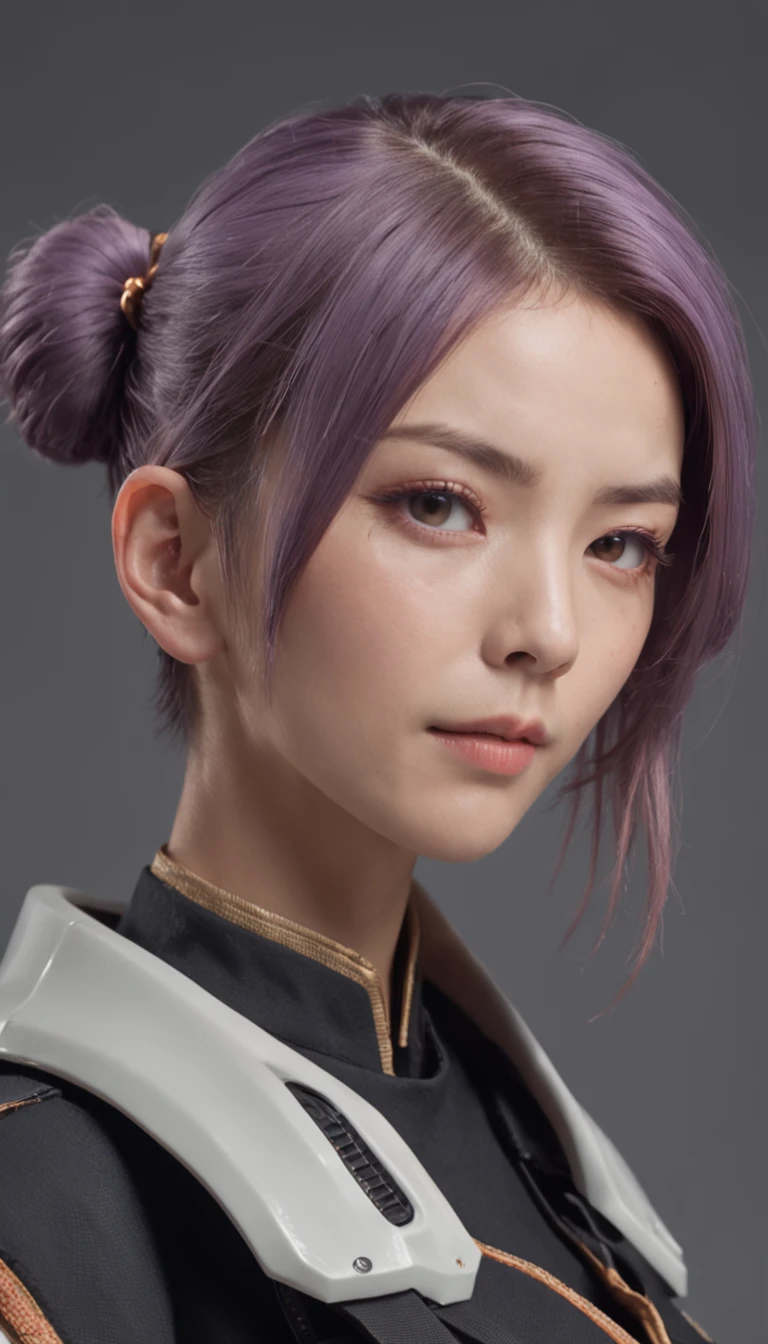 japanese woman, with accurate features, strong jawline, slightly pointed ears, short hair, lavender hair, dynamic angle shot, No extra ears, neck zoomed in, side view profile centered, wide high angle view, Two pointed ears,Side photo, wearing futuristic military uniform, science fiction