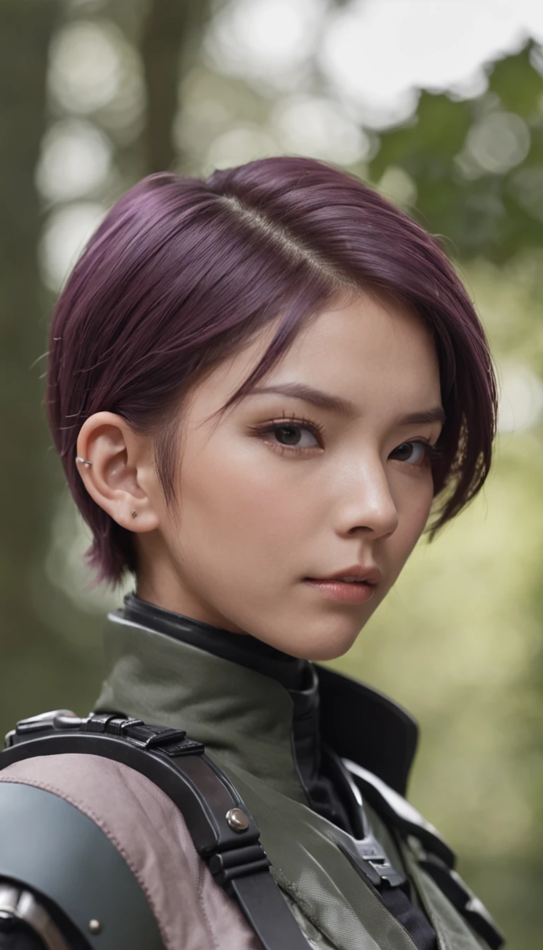 japanese woman, with accurate features, strong jawline, slightly pointed ears, short hair, lavender hair, dynamic angle shot, No extra ears, neck zoomed in, side view profile centered, wide high angle view, Two pointed ears,Side photo, wearing futuristic military uniform, science fiction