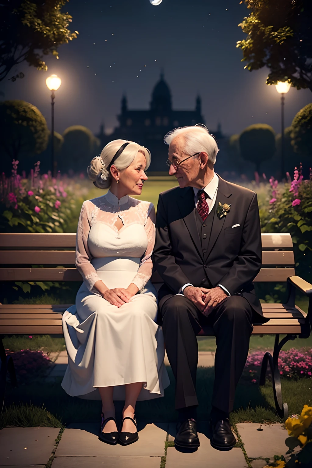 A love story, an elderly couple sitting on benches back to back in a moonlit garden. --auto