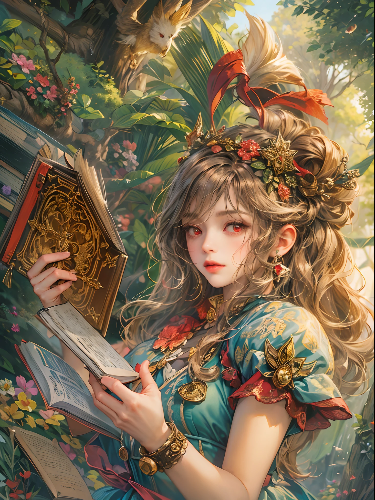 (absurdres, highres, ultra detailed, HDR), masterpiece, best quality, legend of mana character, heroine, detailed face, beautiful face with decorative detailed hair ornament, seraphina talking to a little  black haired faerie with red eyes with magic book outside academy of geo, detailed character, detailed outdoor academy of magic, witch school, detailed backdrop