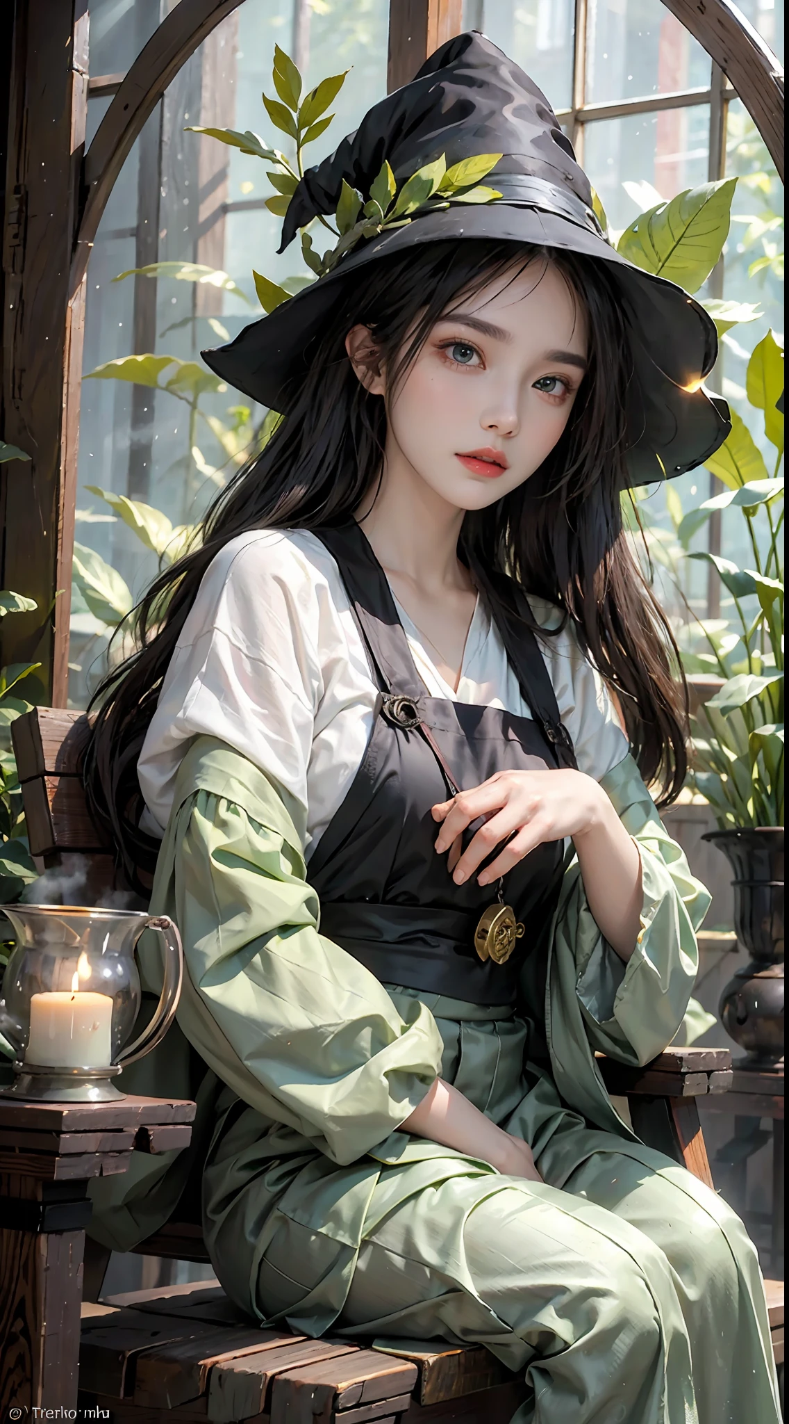 masterpiece, best quality, Wise (young witch) perched on (wooden) stool, stirring (bubbling) cauldron.
Magical (girl) with (bright green) eyes pouring (glowing) potion into (small glass) vial.
Enchanting (female) with (long black) hair adding (sparkling) herbs to (steaming) brew.
Serene (girl) with (almond-shaped) face blending (shimmering) powders with (flickering) candlelight.
Misty (forest) surrounding (cozy) cabin, (orange) leaves falling outside (frosted) window.