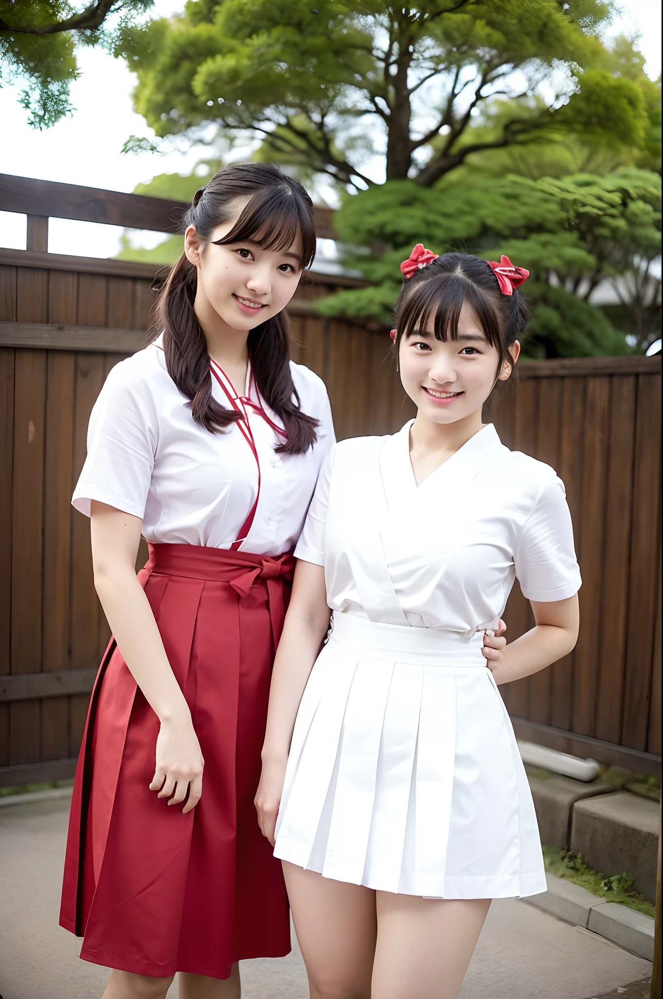 2 girls in old-japan town,white hakama-top,dark red school skirt,dark blue school skirt, vermilion string-hair-bow,flower accessories on hair,18-year-old,bangs,a little smiles,thighs,crotch,knees,short cut hair,pigtail,from below