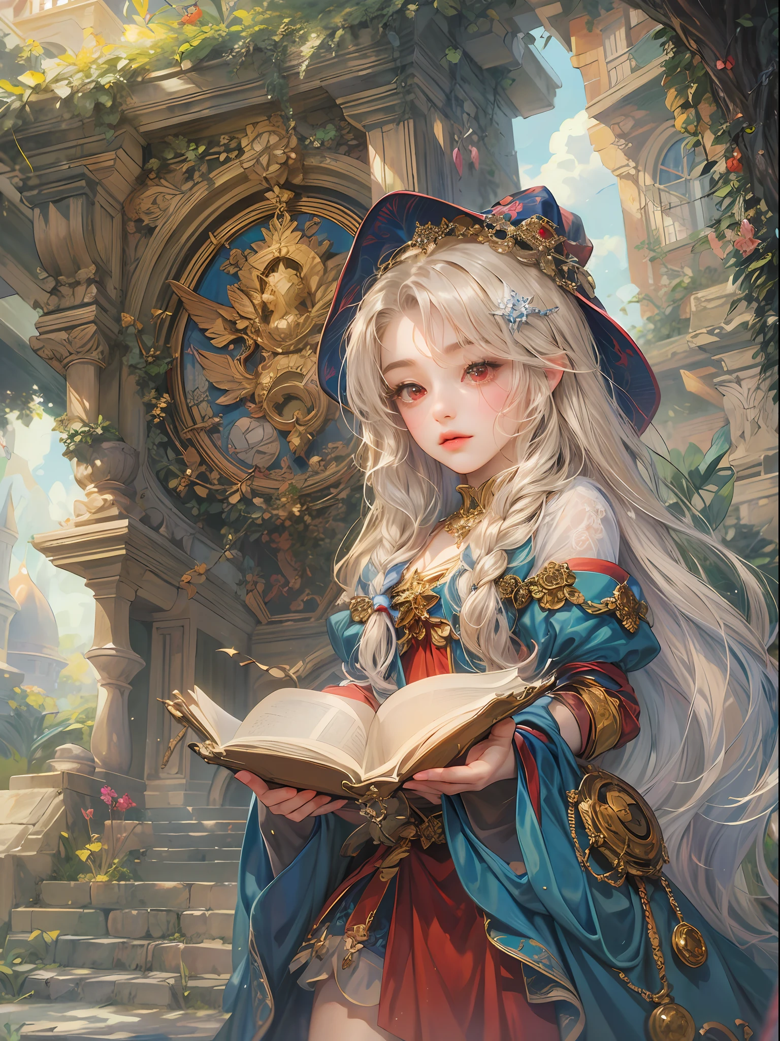 (absurdres, highres, ultra detailed, HDR), masterpiece, best quality, legend of mana character, heroine, detailed face, beautiful face with decorative detailed hair ornament, seraphina talking to a little black haired faerie with red eyes with magic book outside academy of geo, detailed character, detailed outdoor academy of magic, witch school, detailed backdrop