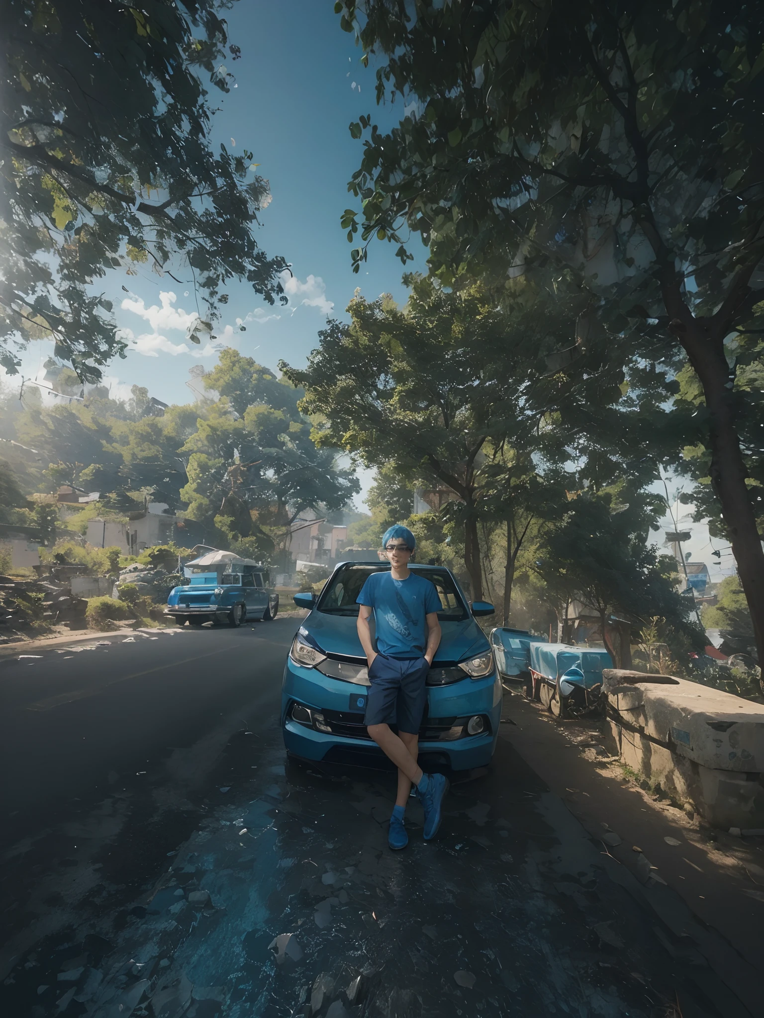 (in 8K、topquality、tmasterpiece:1.2)、1 boy、Skinny Macho、Pretty eyes, Beautiful fece、ohwx、Haute, Pupils, The upper part of the body, short blue hair, with glasses on, Man in car repair shop in full blue color、Embarrassed look、Repairing