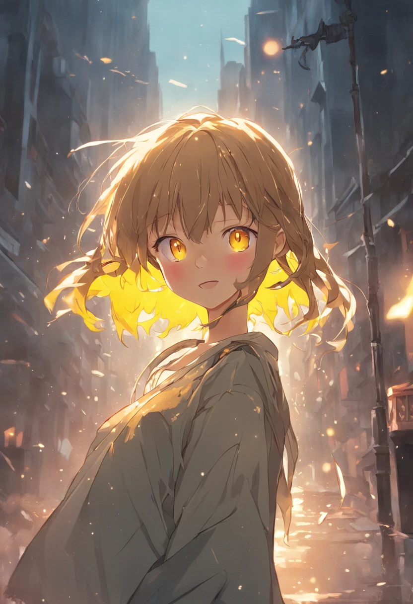 yellow  eyes、Girl with light brown hair with braids above her ears splashing short hair outside、Blue ribbon、Wearing a Y-shirt、thin ribbon at the neck、smiling  girl、Being in the library、