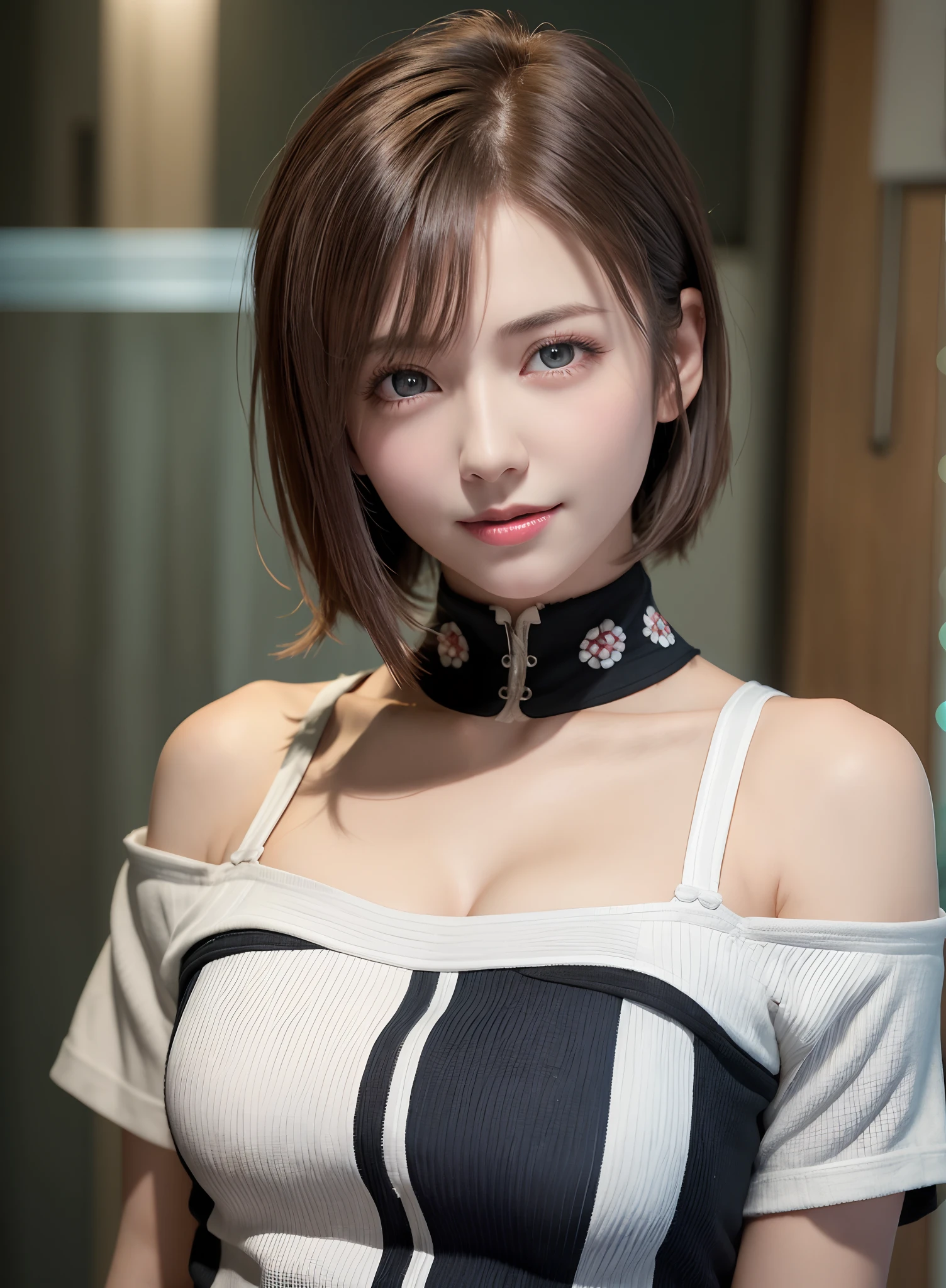 Top quality, ultra high resolution, (photorealistic: 1.4), beautiful eyes, super beautiful, short hair, beautiful breasts, lover, t-shirt with rough chest, eyes inviting viewer, lover's eyes, inviting facial expressions, sexy smile, perfect style, perfect balance, detailed skin, naughty eyes, chest visible