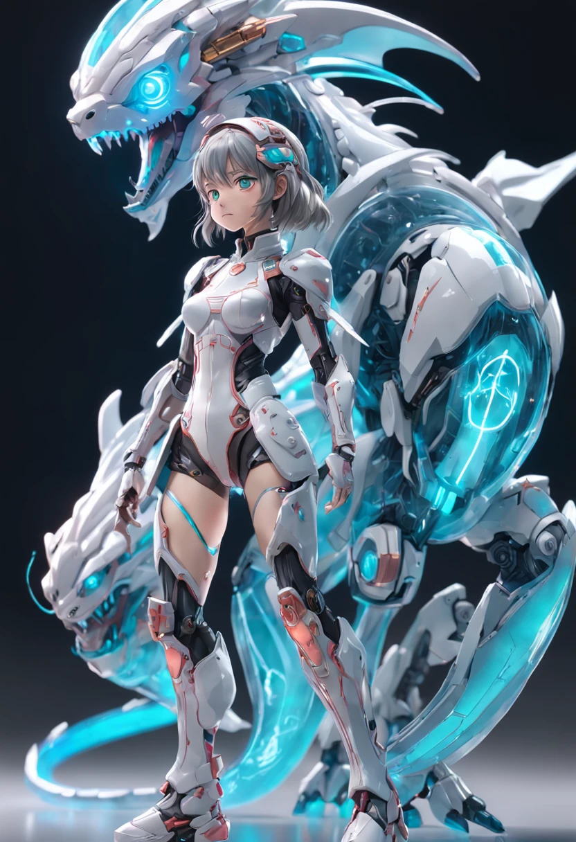 chinesedragon, (Blind box toy style:1.2), (Full body shot) , 1 Transparent girl,Behind him is a transparent Chinese dragon, Transparent mech, Exquisite helmet:1.2, Luminous goggles:1.2, Cyberpunk, dreamy glow, luminous neon lights, Clean, White background, ( Global illumination, Ray traching, hdr, unreal render,reasonable design, high detal, Masterpiece, Best quality, hyper HD, Cinematic lighting)