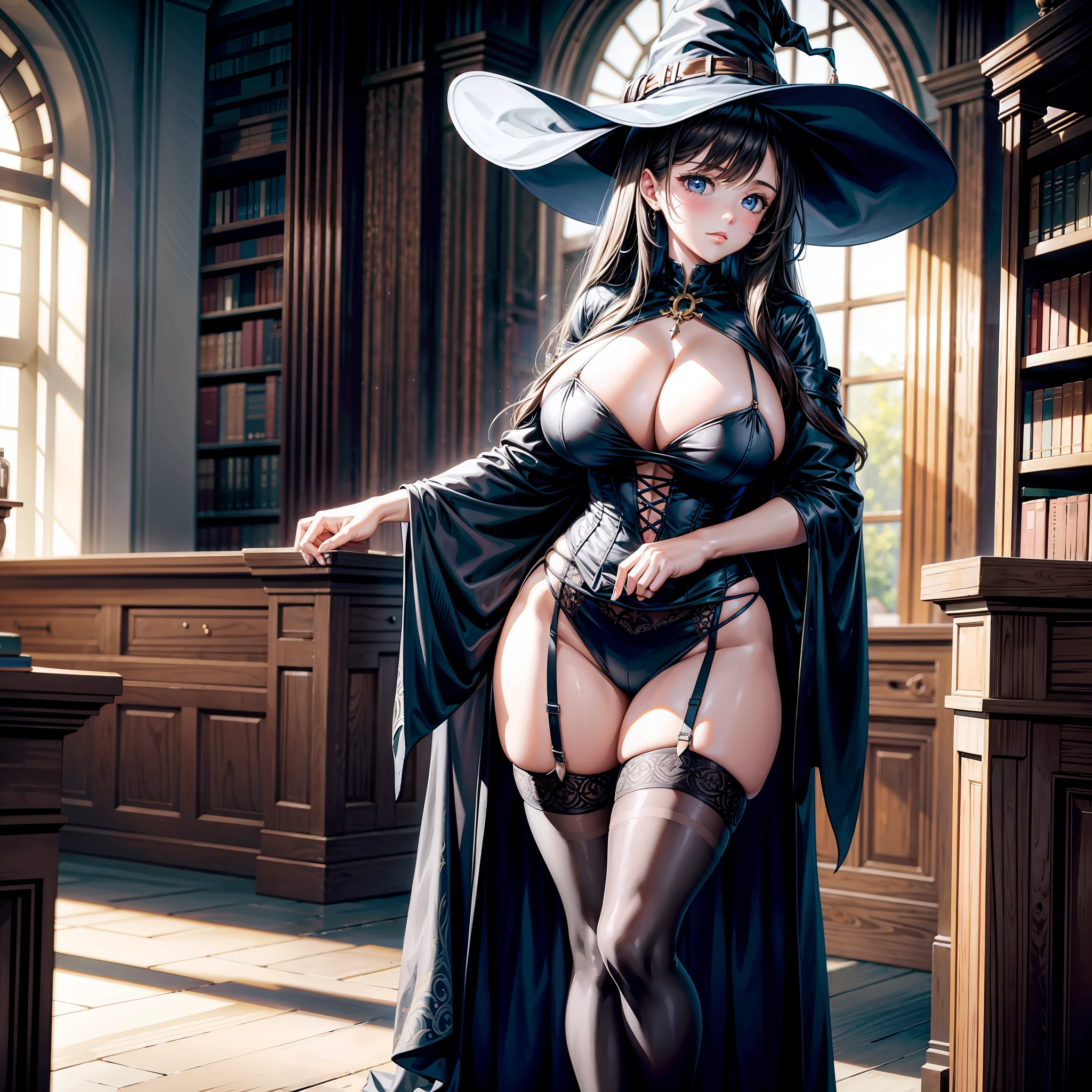 1girll，Western-style witch costume，inside a library，black lence stockings，gigantic cleavage breasts