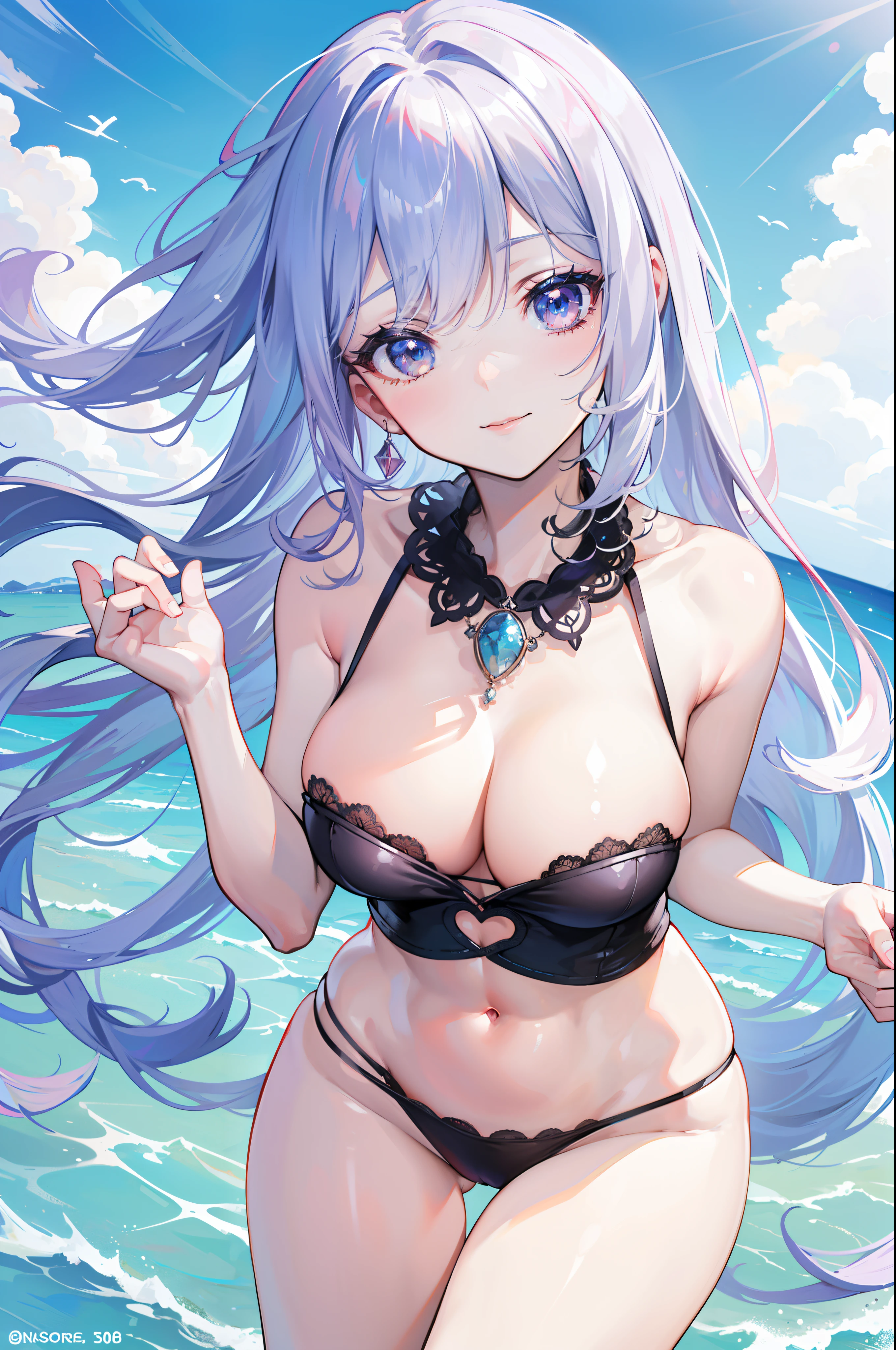 Sexy close-up shot of a beautiful woman, the cutest 20-year-old beauty, charming smile, ((background is a seaside resort)), ((very long hair)), ((skimpy resort fashion)) , ((full chest)), gradient eyes, seductive makeup, show lighting, single perspective, canon, nffsw, retina, masterpiece, accurate, anatomically correct, textured skin, super detail, high detail , High Quality, Award Winning Yes, Highest Quality, High Definition, 1080p, Hard Disk, 4K, 8K, 16K